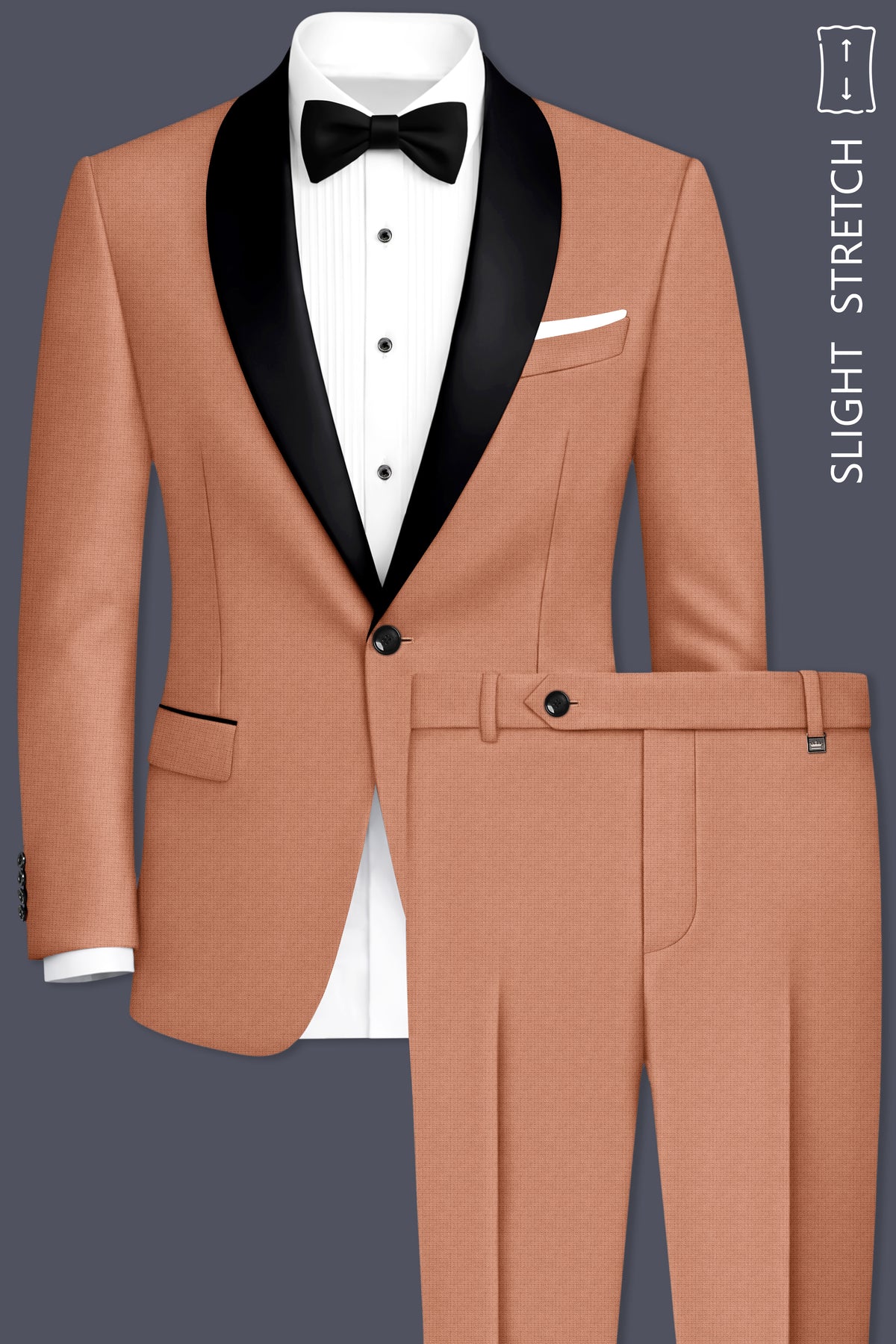 Terracotta-Salmon Brown Diamond Textured Wool Rich Slight Stretch Tuxedo Suit