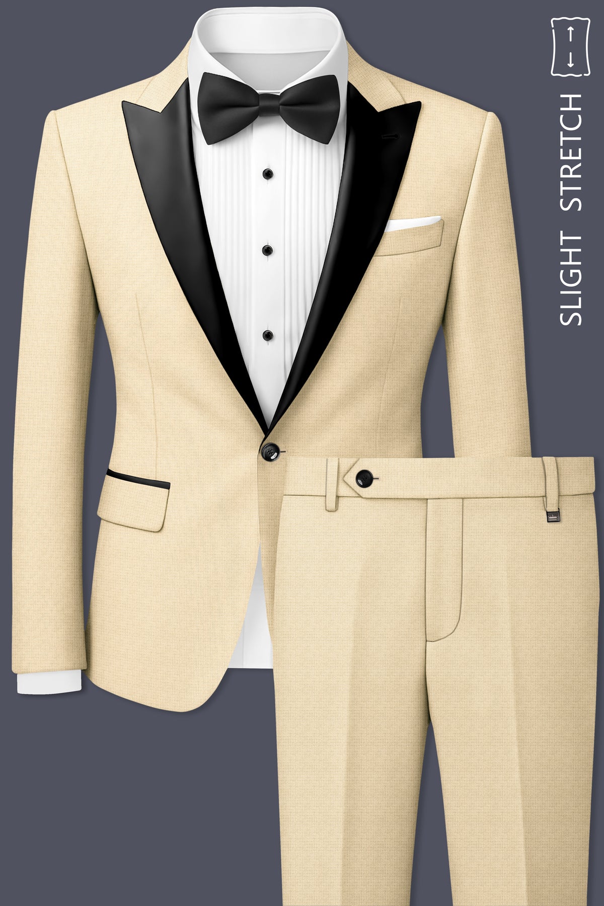 Alabaster-Vanilla Cream Diamond Textured Wool Rich Slight Stretch Peak Lapel Tuxedo Suit