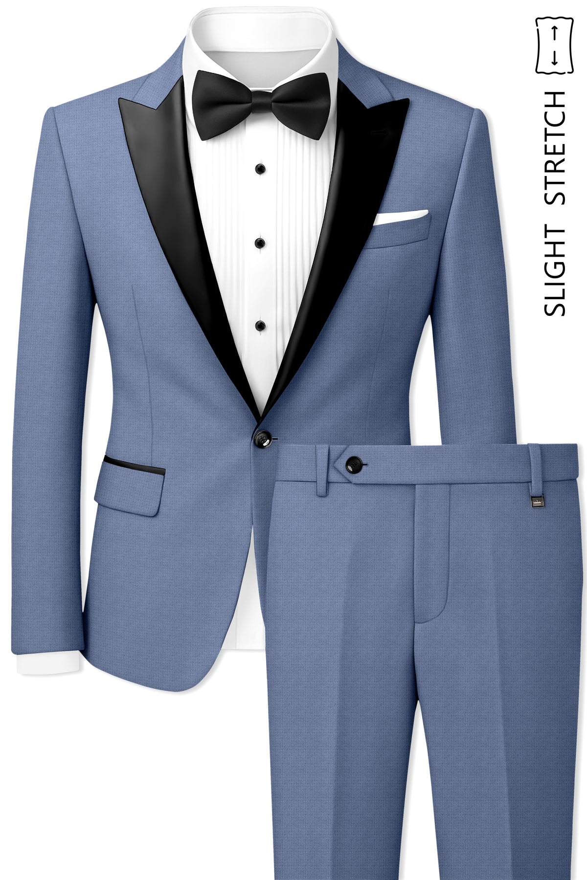 Sapphire-Raven Blue Diamond Textured Wool Rich Slight Stretch Peak Lapel Tuxedo Suit