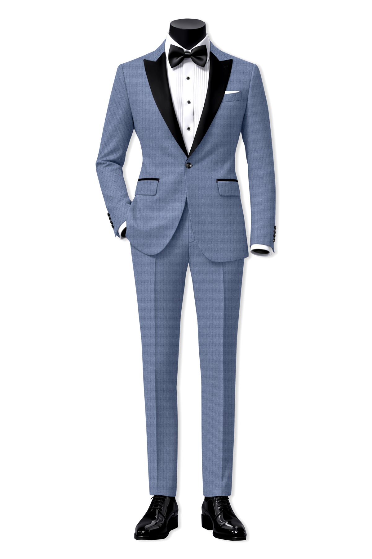 Sapphire-Raven Blue Diamond Textured Wool Rich Slight Stretch Peak Lapel Tuxedo Suit