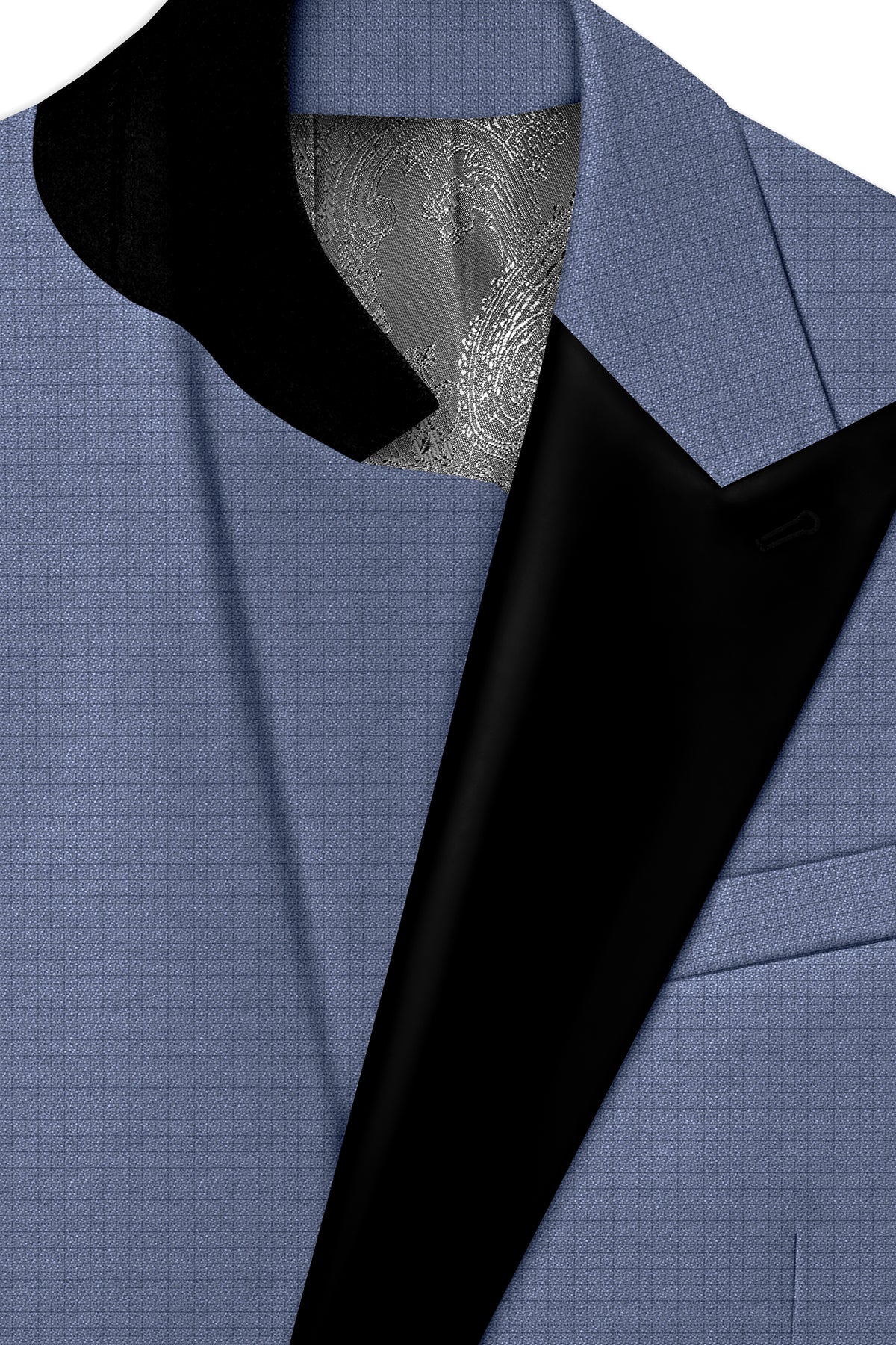 Sapphire-Raven Blue Diamond Textured Wool Rich Slight Stretch Peak Lapel Tuxedo Suit