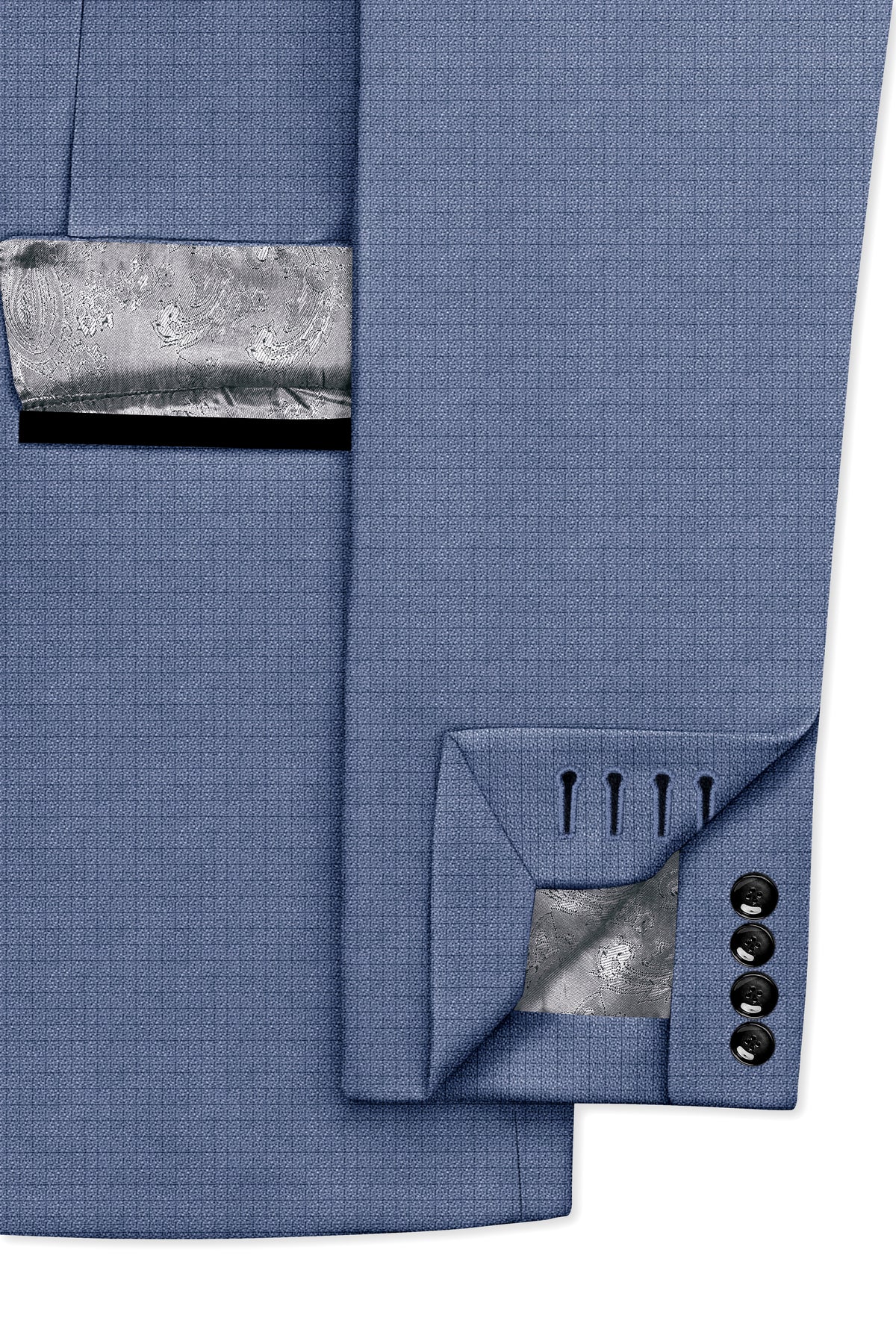 Sapphire-Raven Blue Diamond Textured Wool Rich Slight Stretch Peak Lapel Tuxedo Suit