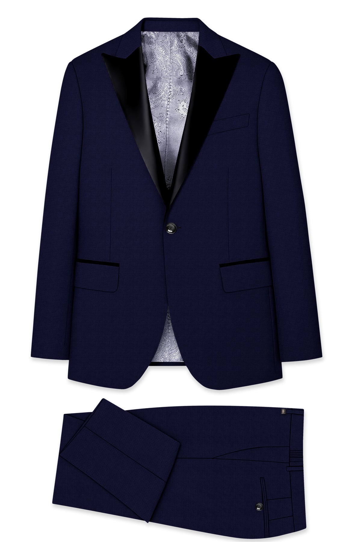 Sapphire-Haiti Blue Diamond Textured Wool Rich Slight Stretch Peak Lapel Tuxedo Suit