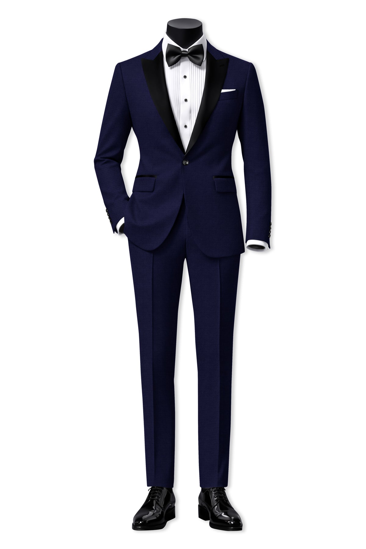 Sapphire-Haiti Blue Diamond Textured Wool Rich Slight Stretch Peak Lapel Tuxedo Suit