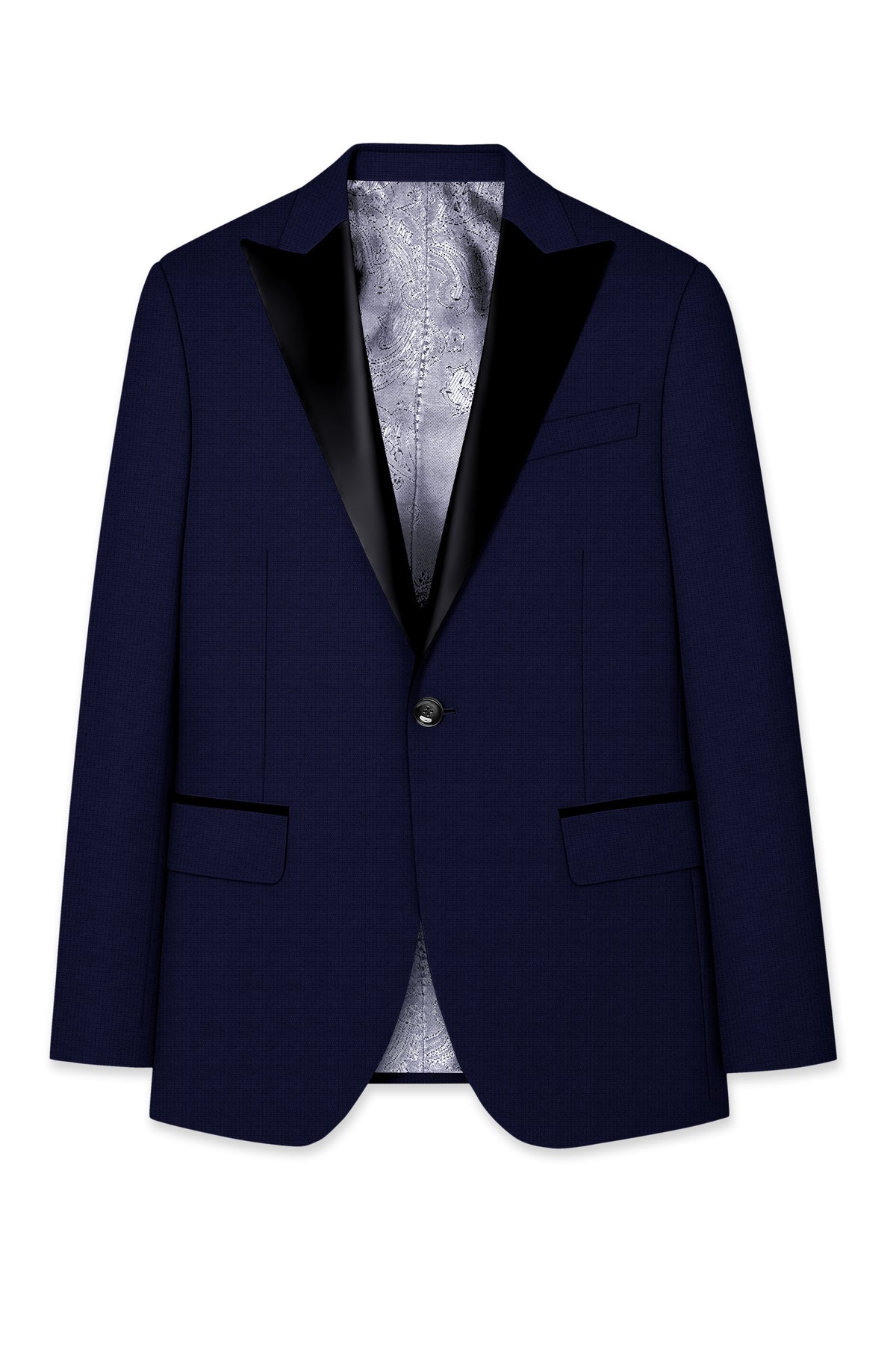 Sapphire-Haiti Blue Diamond Textured Wool Rich Slight Stretch Peak Lapel Tuxedo Suit