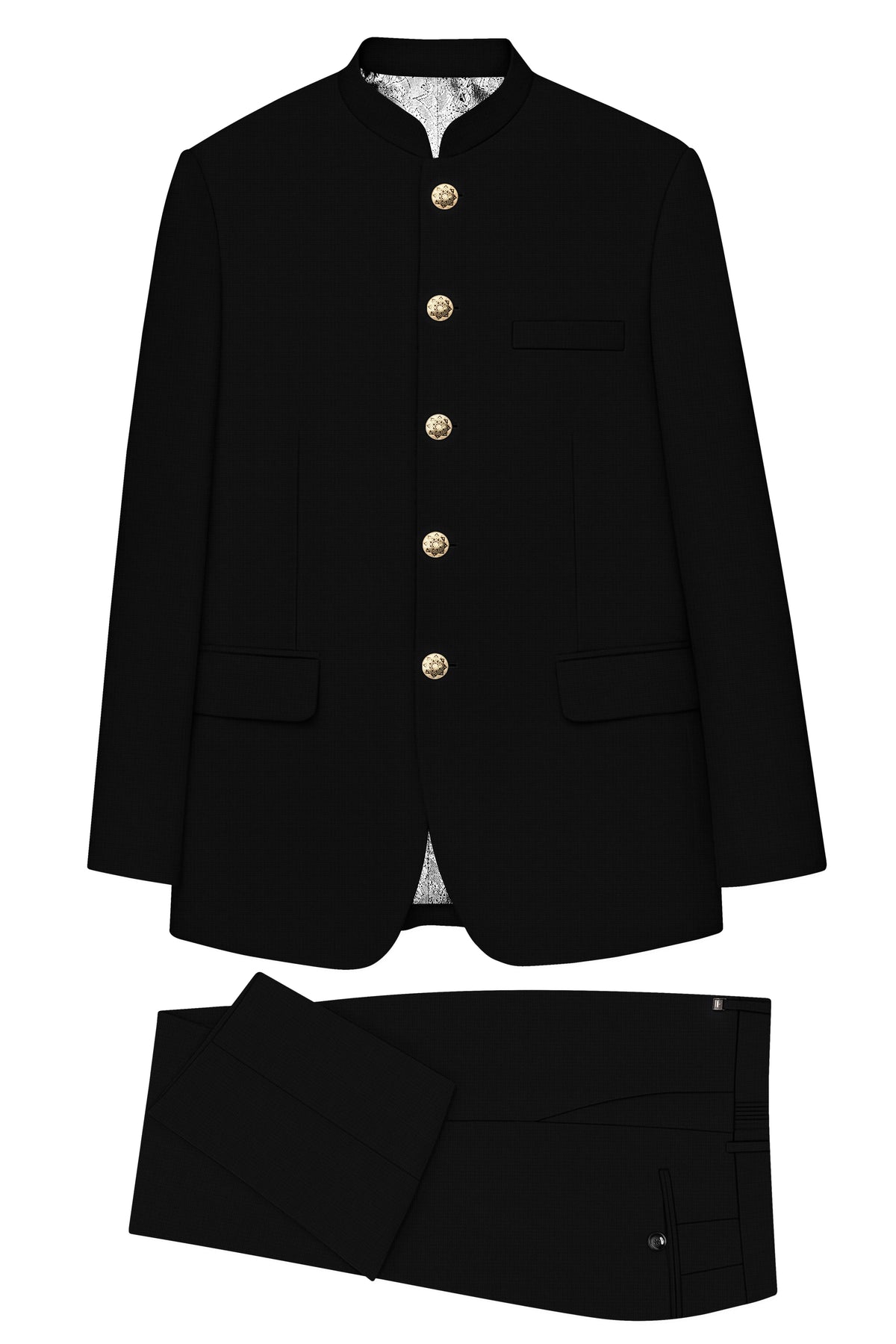 Obsidian-Jade Black Diamond Textured Wool Rich Slight Stretch Bandhgala Suit