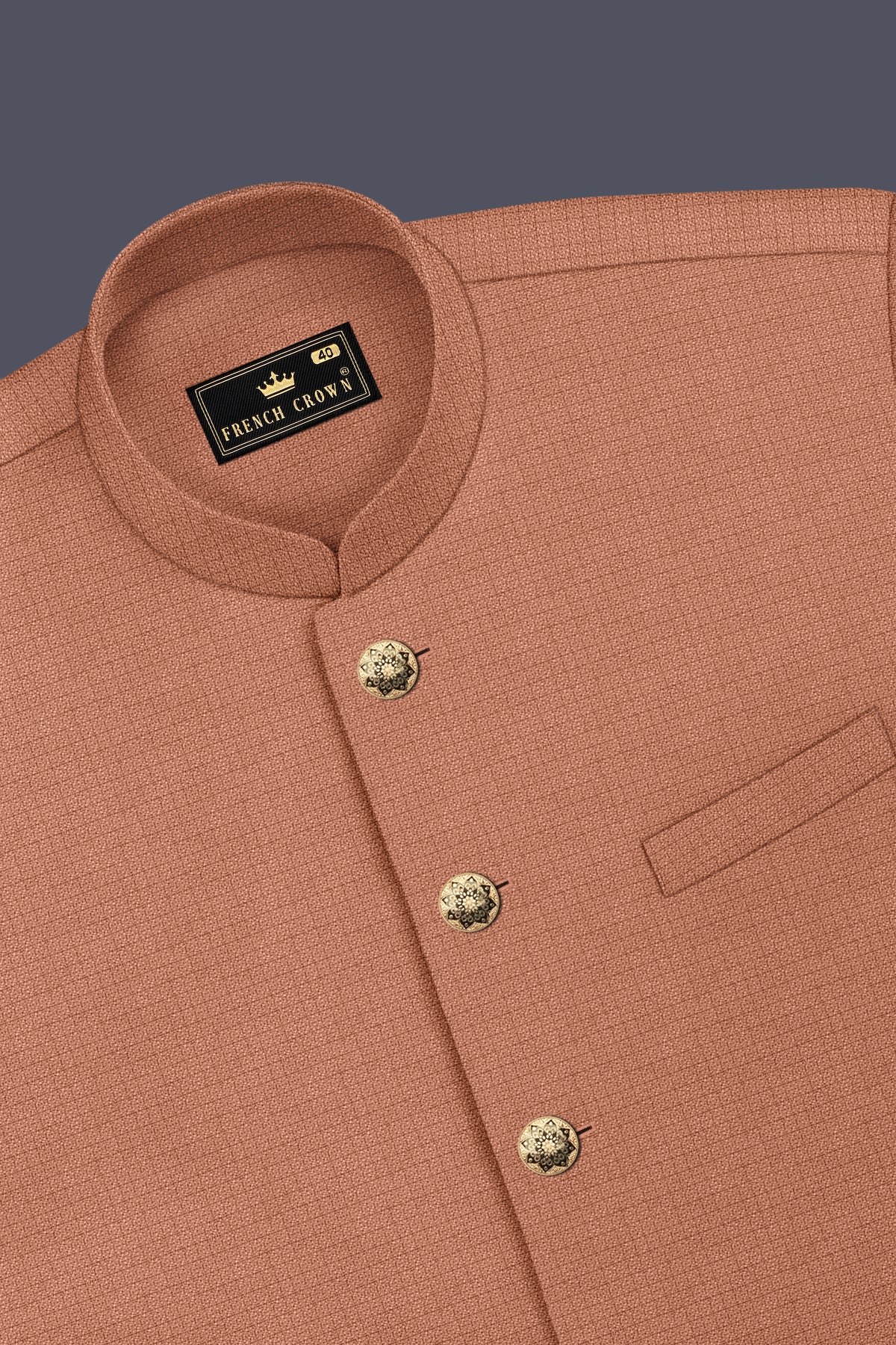 Terracotta-Salmon Brown Diamond Textured Wool Rich Slight Stretch Bandhgala Suit