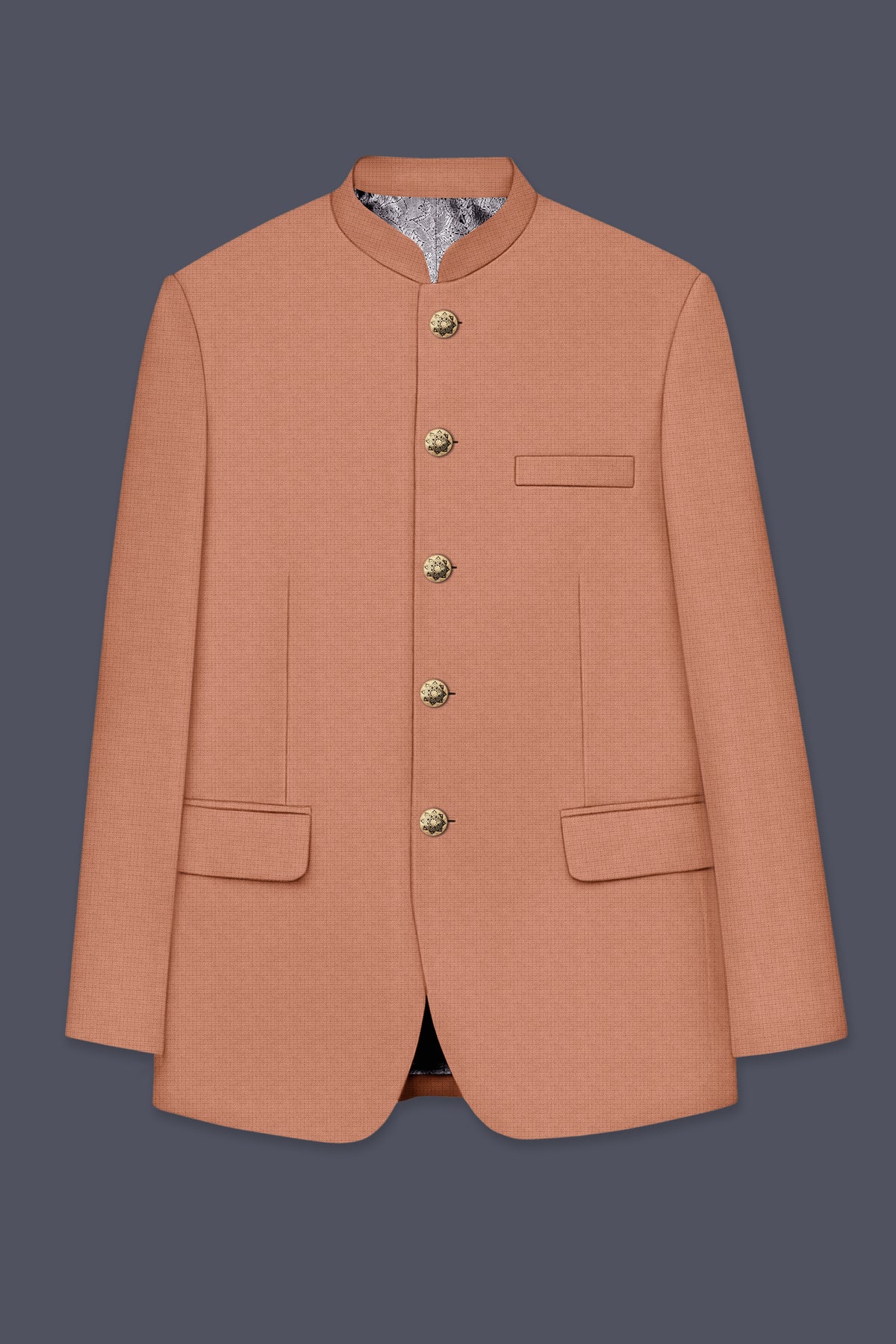 Terracotta-Salmon Brown Diamond Textured Wool Rich Slight Stretch Bandhgala Suit