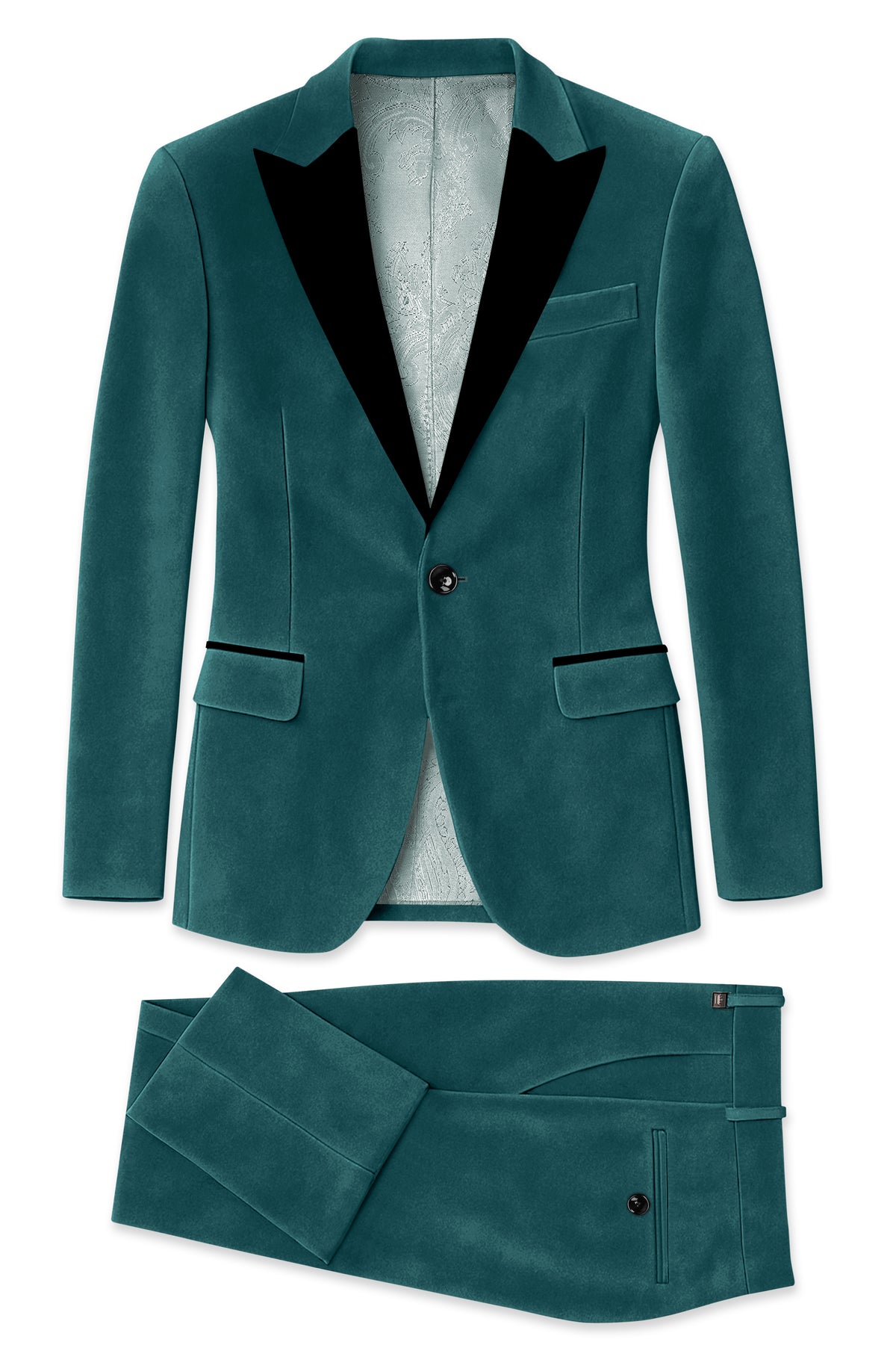 Verdant-Teal Green Velvet Peak Lapel Tuxedo Suit