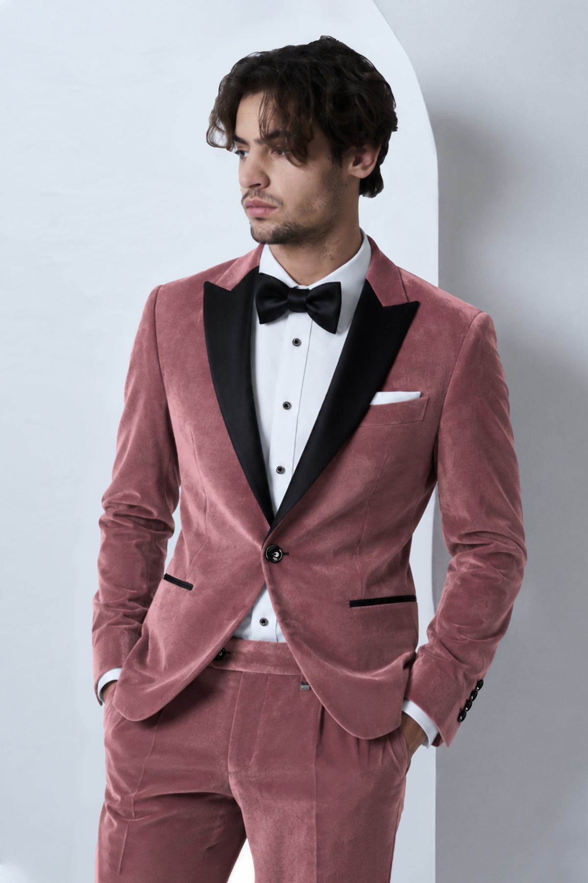 Blush-Pastel Peach Velvet Peak Lapel Tuxedo Suit