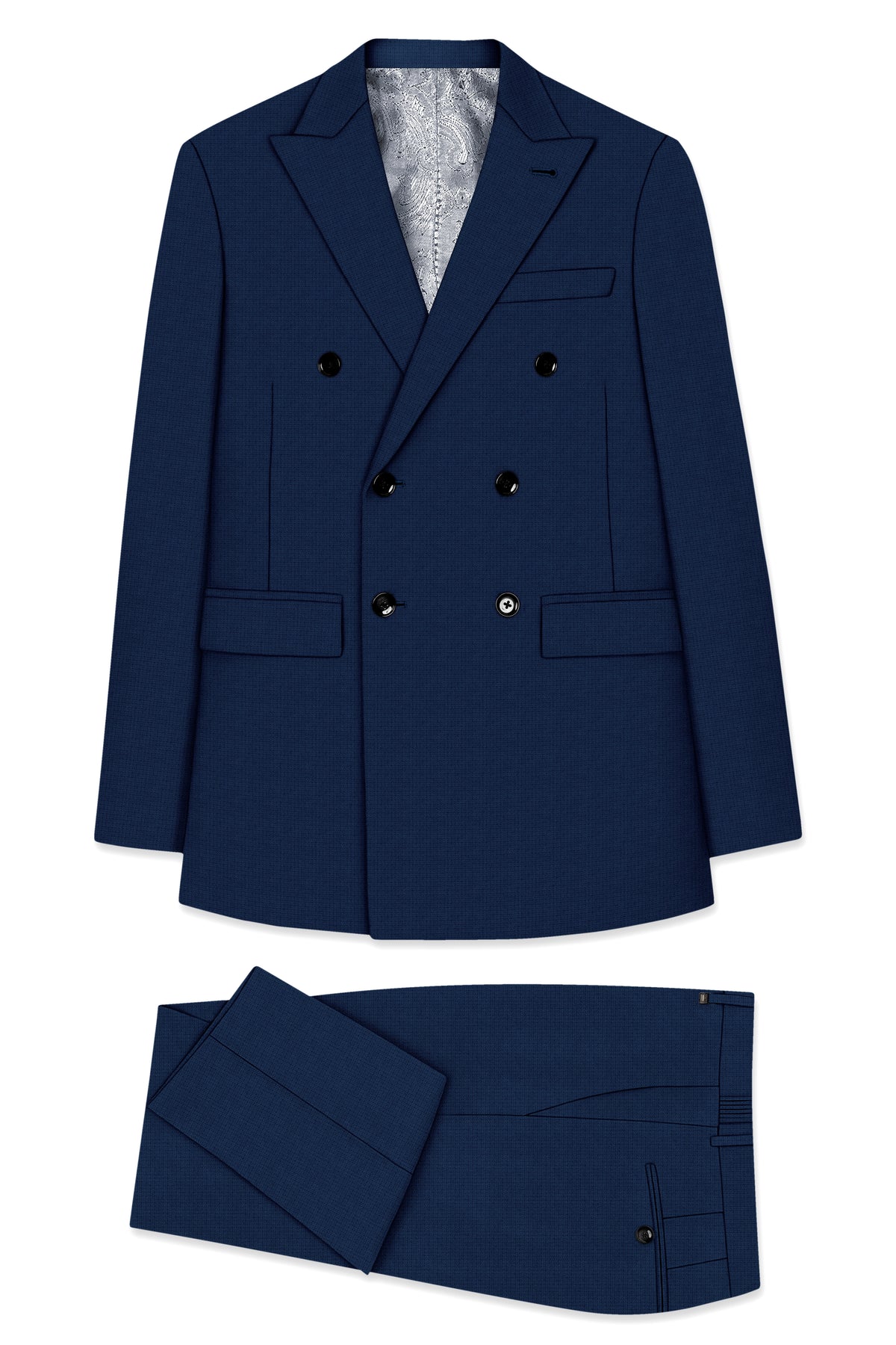 Regent-Ebony Blue Diamond Textured Wool Rich Slight Stretch Double Breasted Suit