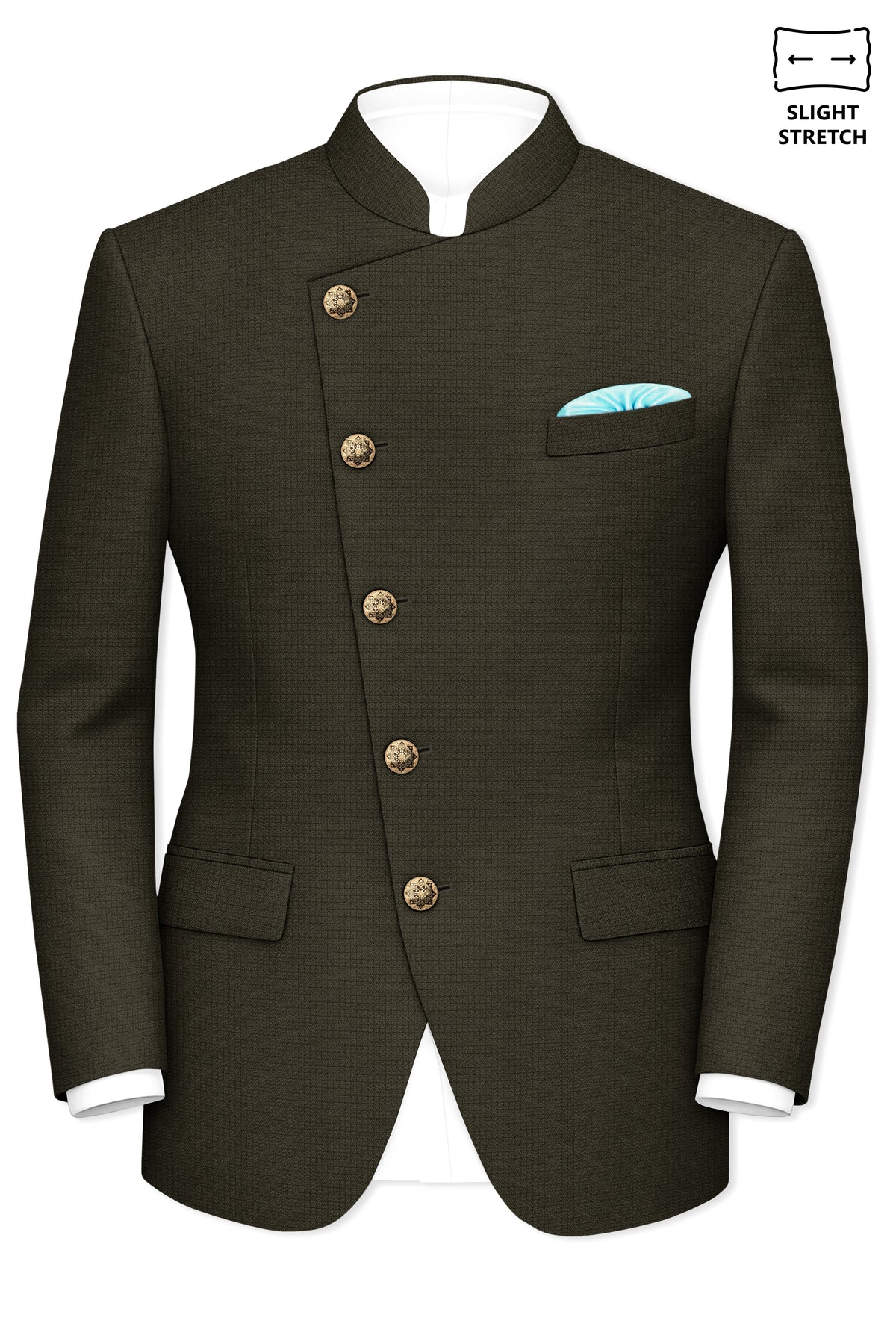 Prestige-Zeus Green Diamond Textured Wool Rich Slight Stretch Cross Placket Bandhgala Suit