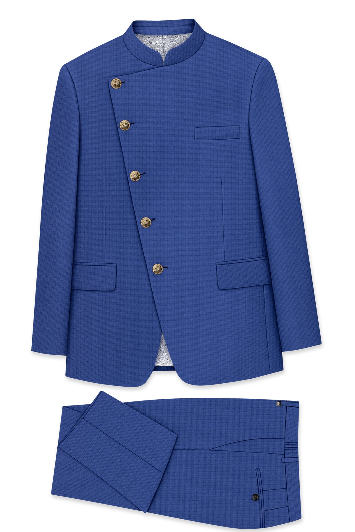 Aurelio-Chambray Blue Diamond Textured Wool Rich Slight Stretch Cross Placket Bandhgala Suit
