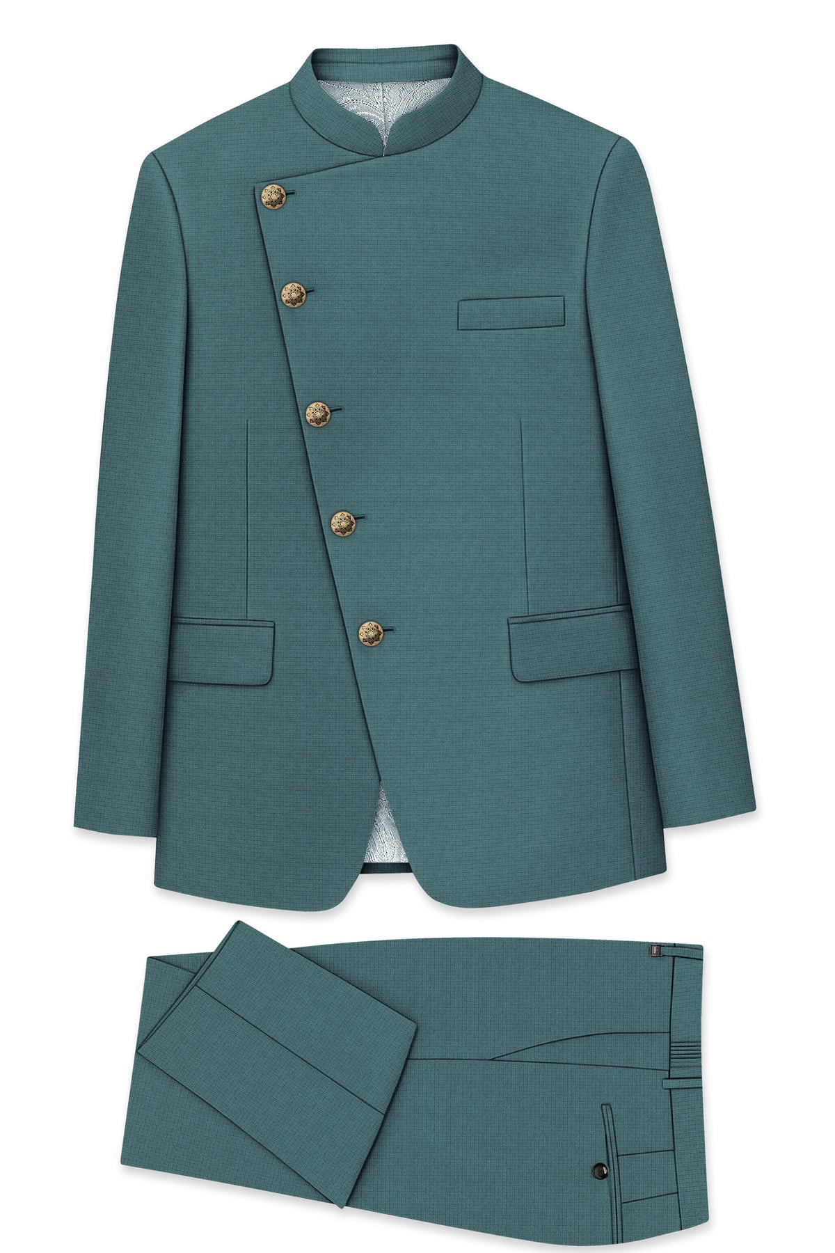Viridian-Beetle Green Diamond Textured Wool Rich Slight Stretch Cross Placket Bandhgala Suit