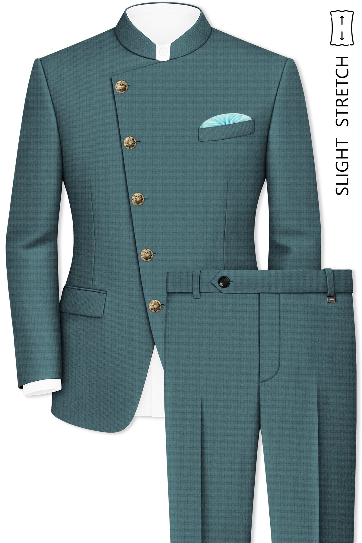 Viridian-Beetle Green Diamond Textured Wool Rich Slight Stretch Cross Placket Bandhgala Suit