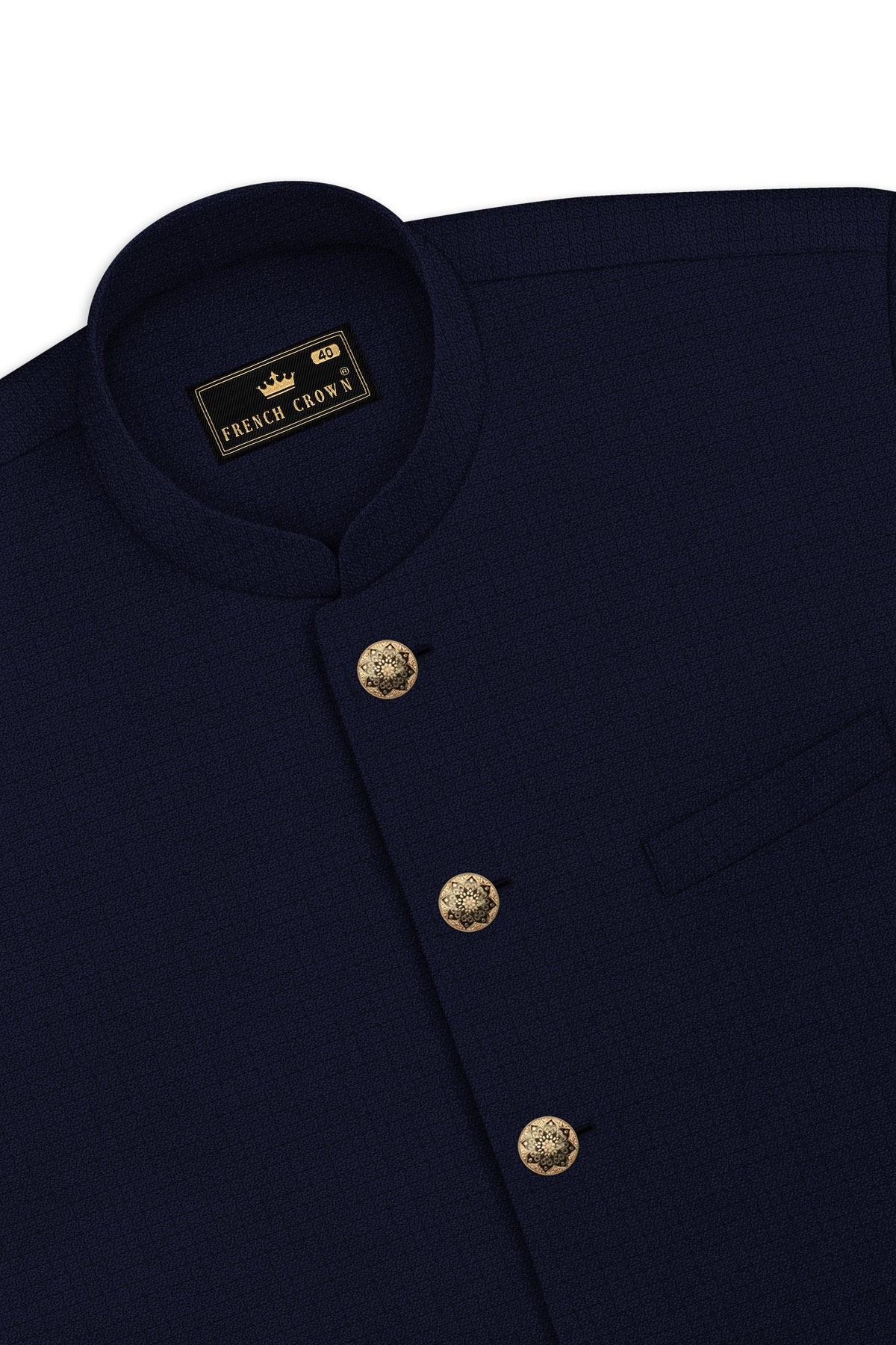 Nocturne-Mirage Navy Diamond Textured Wool Rich Slight Stretch Bandhgala Suit