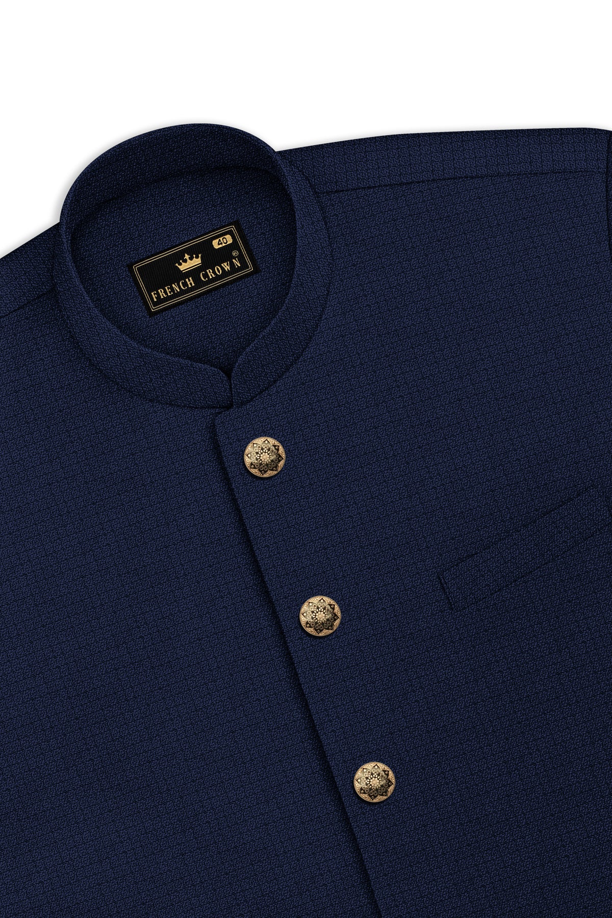 Regent-Ebony Blue Diamond Textured Wool Rich Slight Stretch Bandhgala Suit