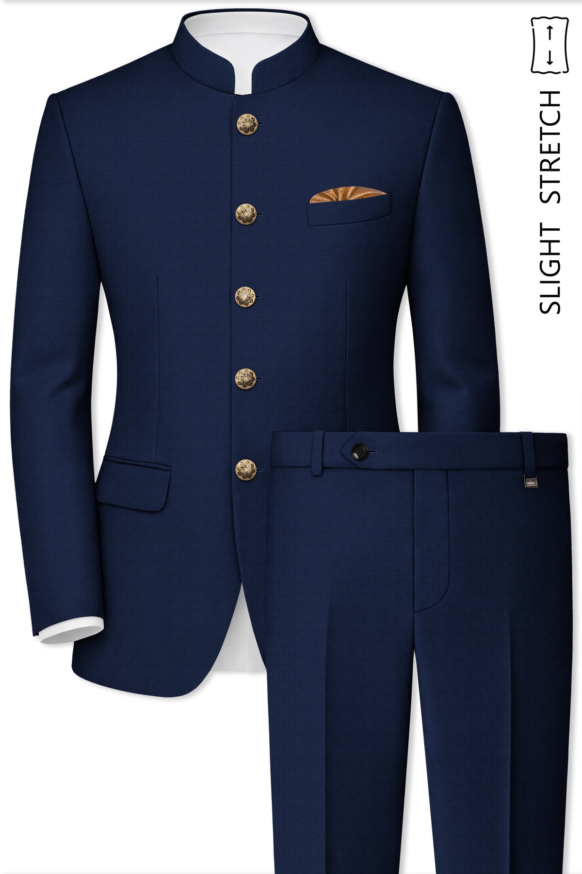 Regent-Ebony Blue Diamond Textured Wool Rich Slight Stretch Bandhgala Suit