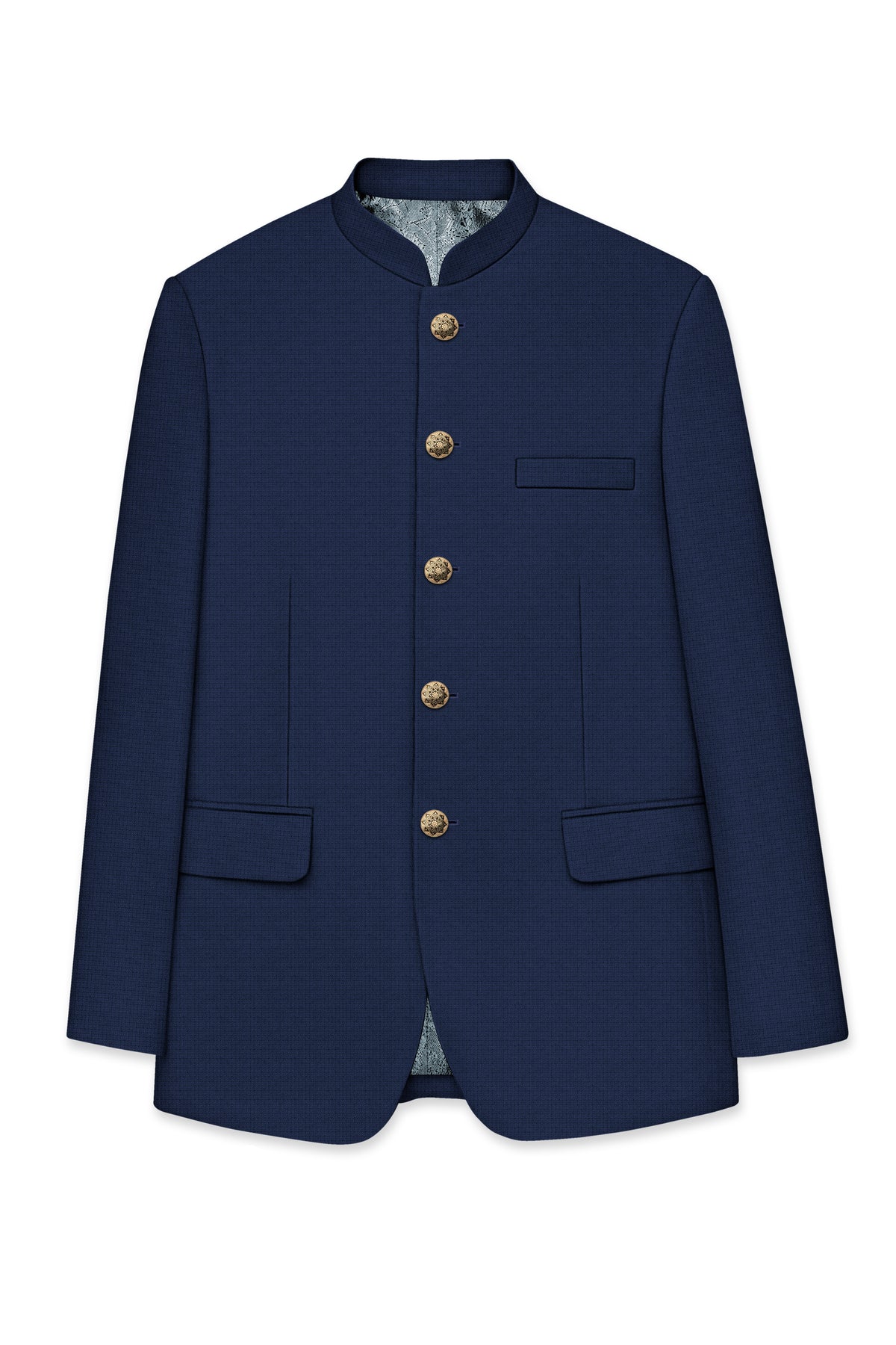 Regent-Ebony Blue Diamond Textured Wool Rich Slight Stretch Bandhgala Suit