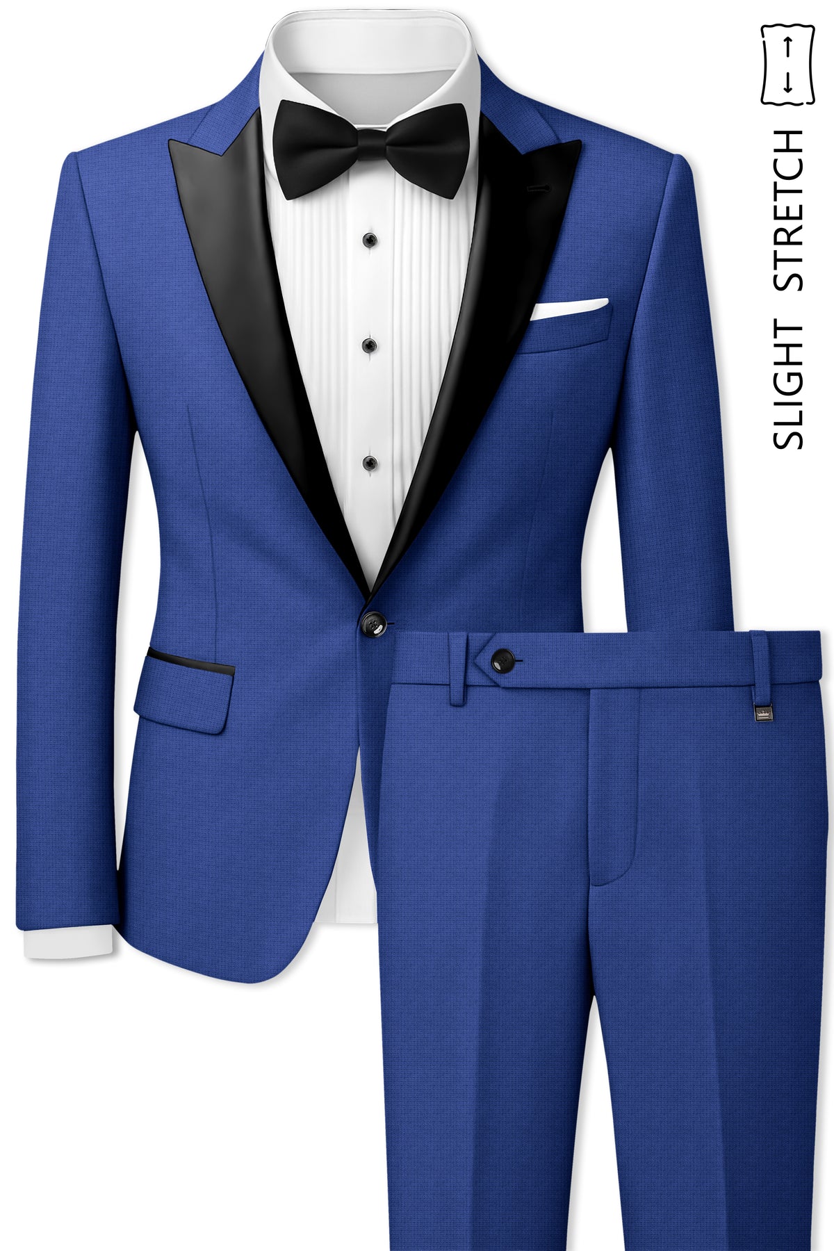 Aurelio-Chambray Blue Diamond Textured Wool Rich Slight Stretch Peak Lapel Tuxedo Suit
