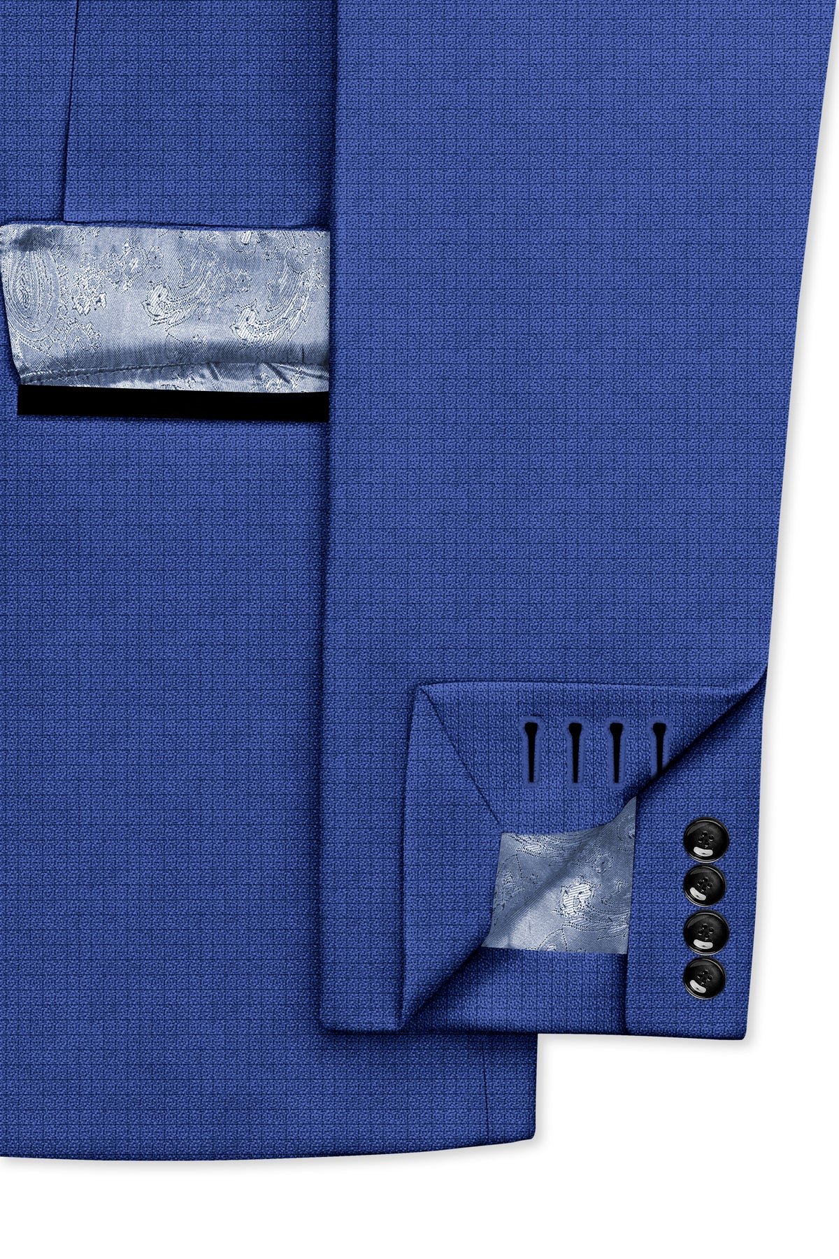 Aurelio-Chambray Blue Diamond Textured Wool Rich Slight Stretch Peak Lapel Tuxedo Suit