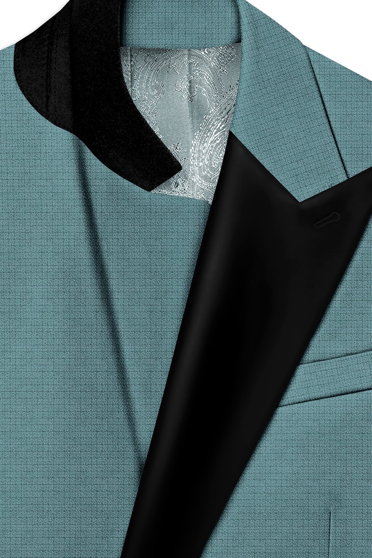 Viridian-Beetle Green Diamond Textured Wool Rich Slight Stretch Peak Lapel Tuxedo Suit