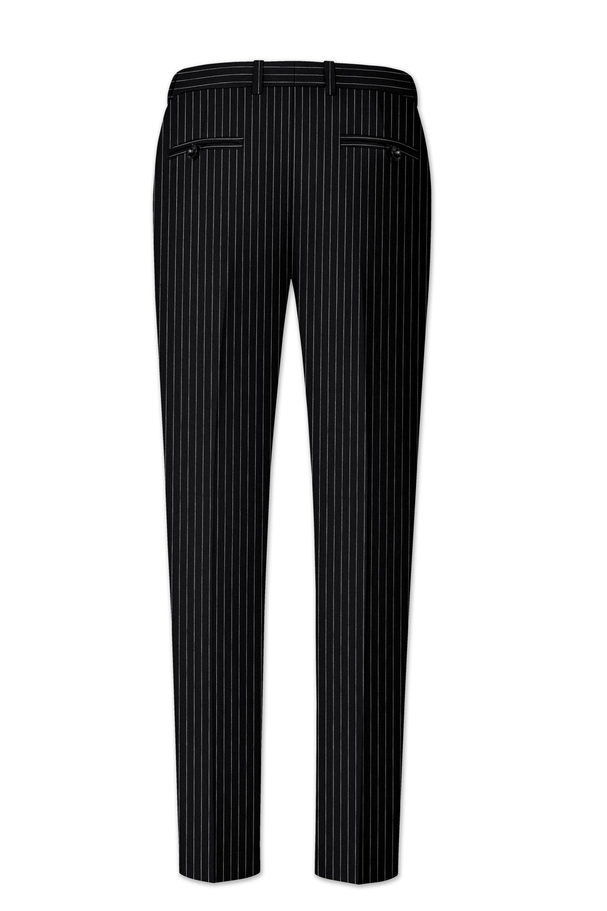 Gravitas-Jade Black And Bright White Chalk Striped Wool Rich Wrinkle-Free Fluid Drape Fabric Single Breasted Suit
