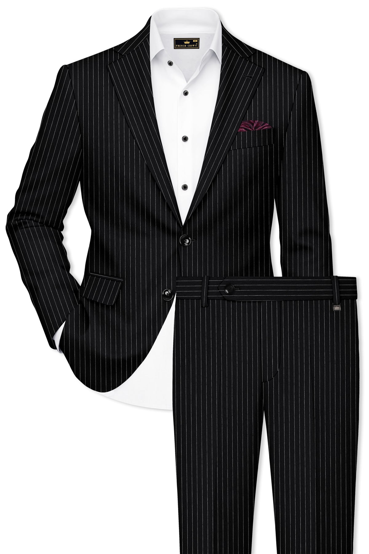 Gravitas-Jade Black And Bright White Chalk Striped Wool Rich Wrinkle-Free Fluid Drape Fabric Single Breasted Suit