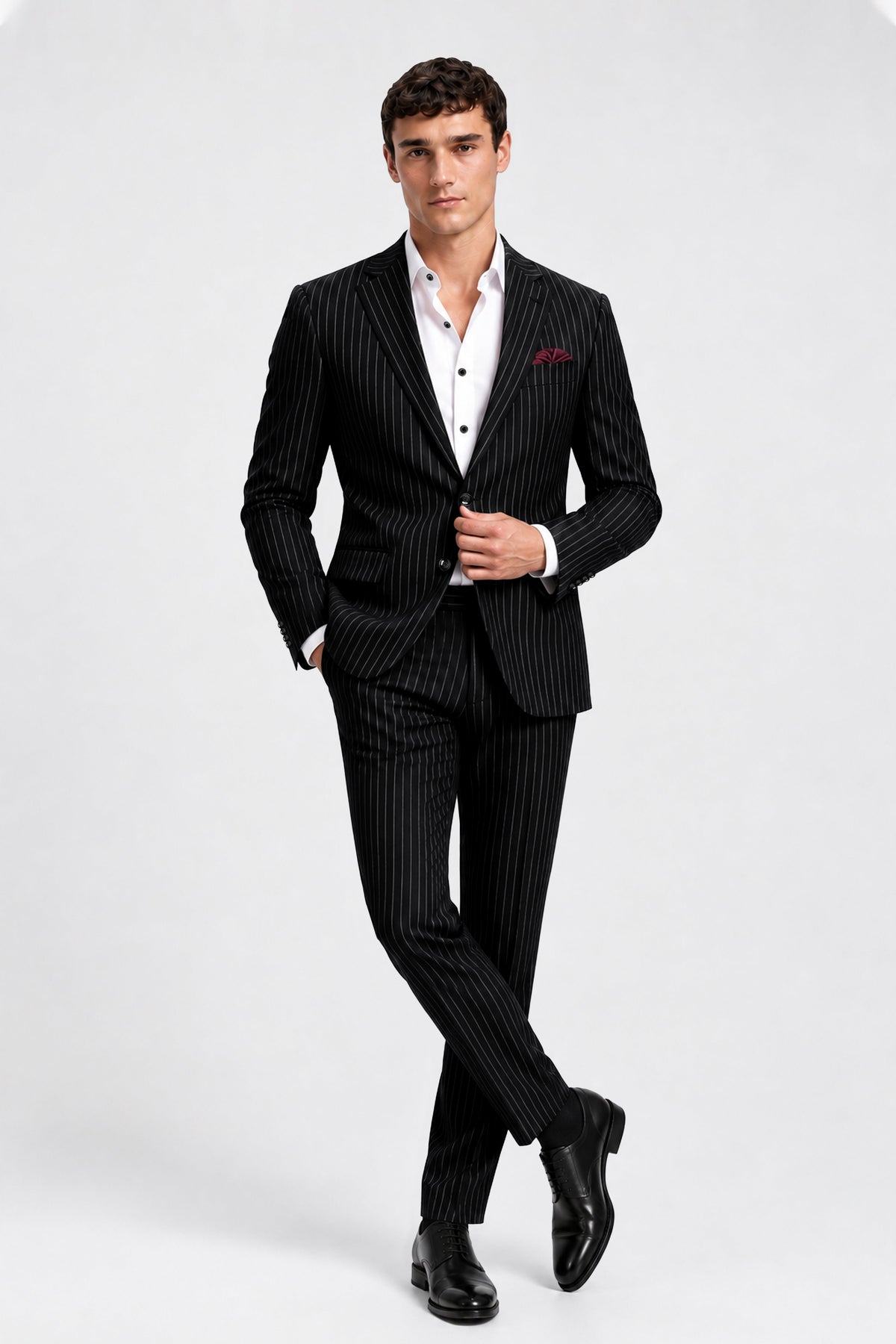 Gravitas-Jade Black And Bright White Chalk Striped Wool Rich Wrinkle-Free Fluid Drape Fabric Single Breasted Suit