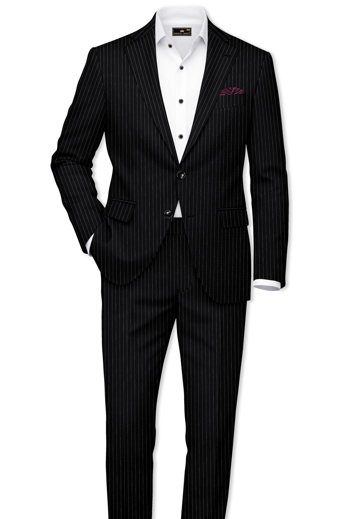 Gravitas-Jade Black And Bright White Chalk Striped Wool Rich Wrinkle-Free Fluid Drape Fabric Single Breasted Suit