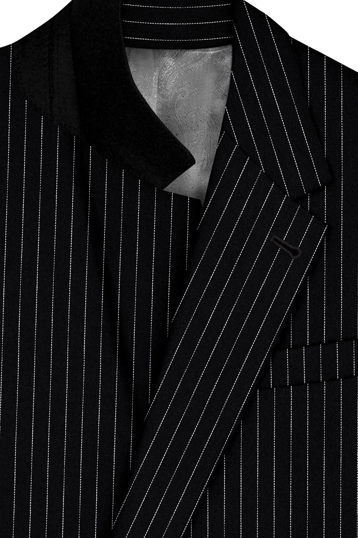 Gravitas-Jade Black And Bright White Chalk Striped Wool Rich Wrinkle-Free Fluid Drape Fabric Single Breasted Suit
