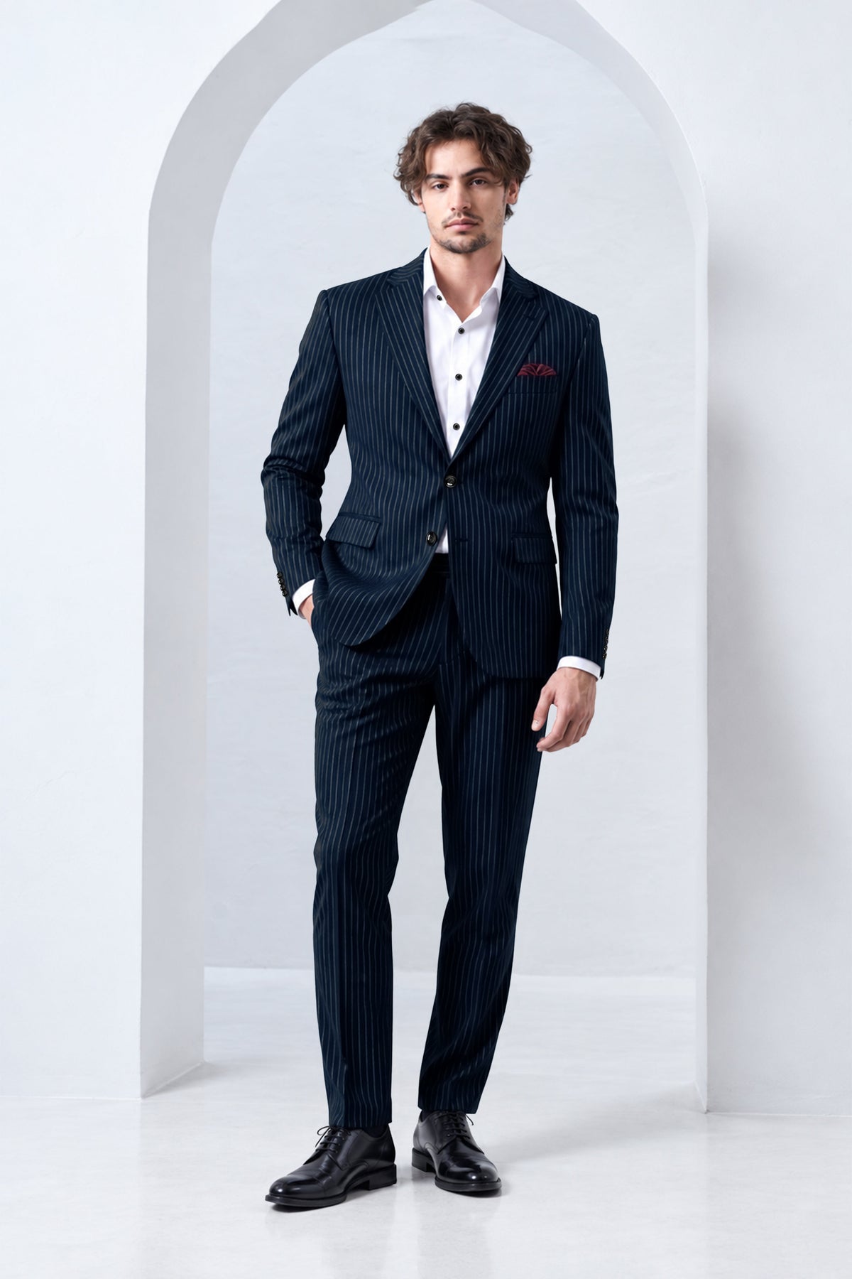 Zenith-Imperial Teal Green And Bright White Chalk Striped Wool Rich Wrinkle-Free Fluid Drape Fabric Single Breasted Suit