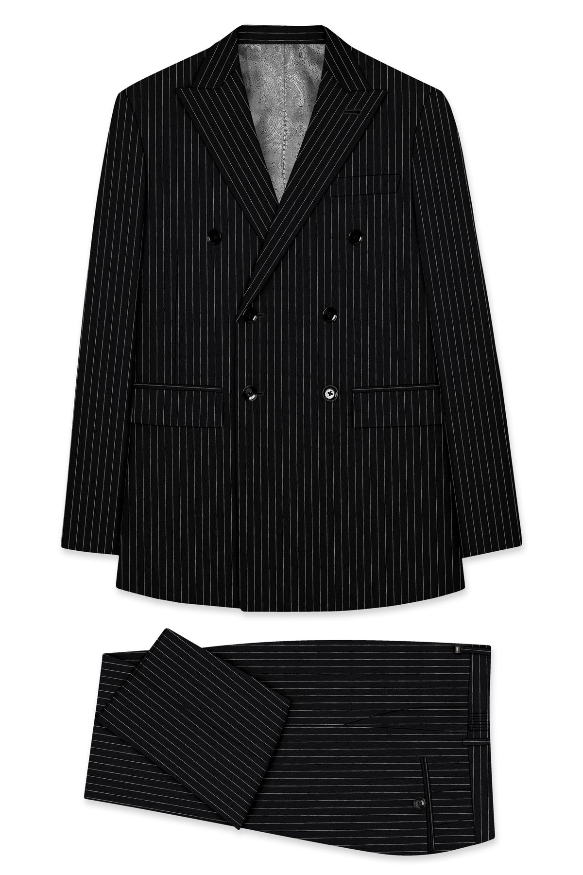 Gravitas-Jade Black And Bright White Chalk Striped Wool Rich Wrinkle-Free Fluid Drape Fabric Double Breasted Suit