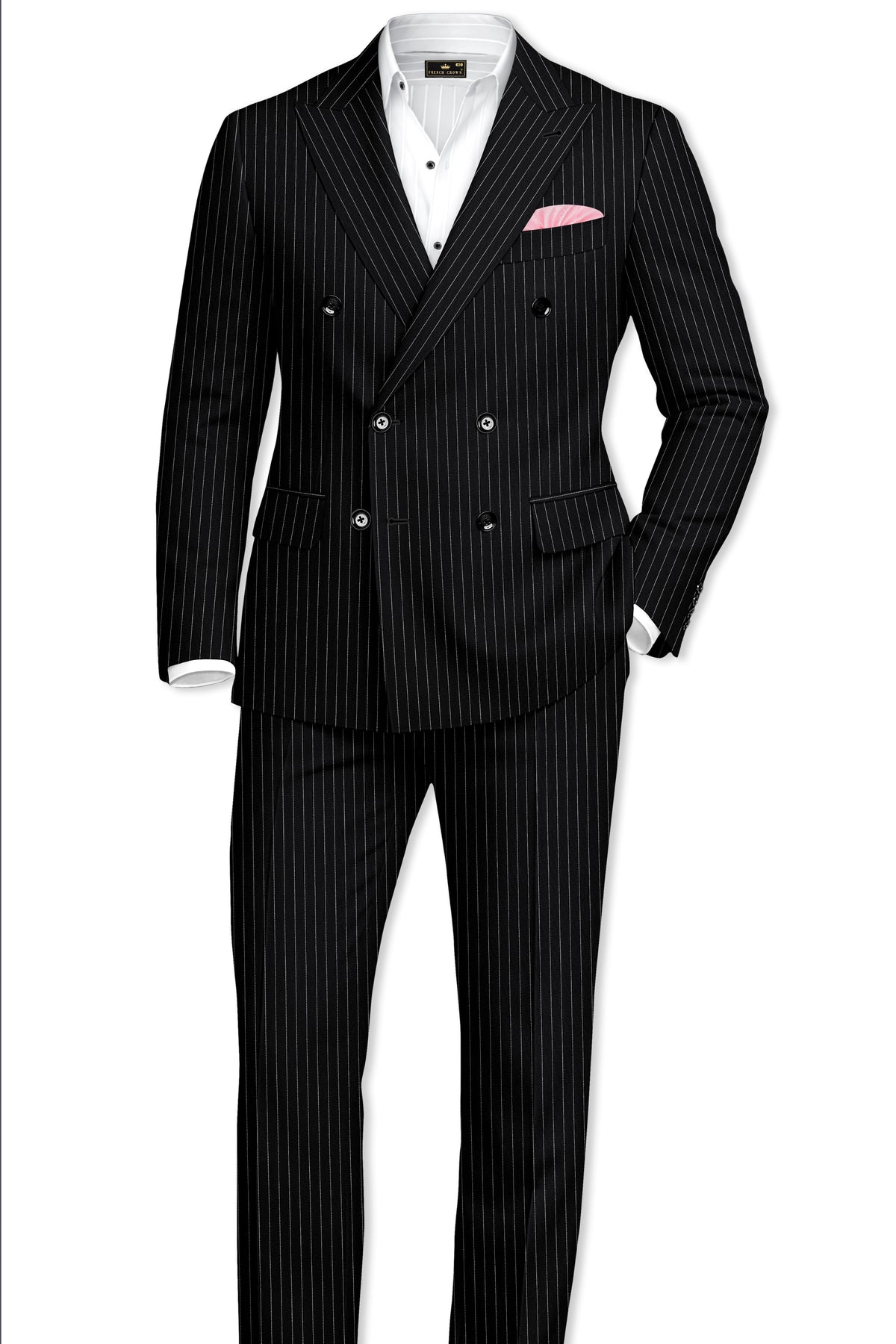 Gravitas-Jade Black And Bright White Chalk Striped Wool Rich Wrinkle-Free Fluid Drape Fabric Double Breasted Suit