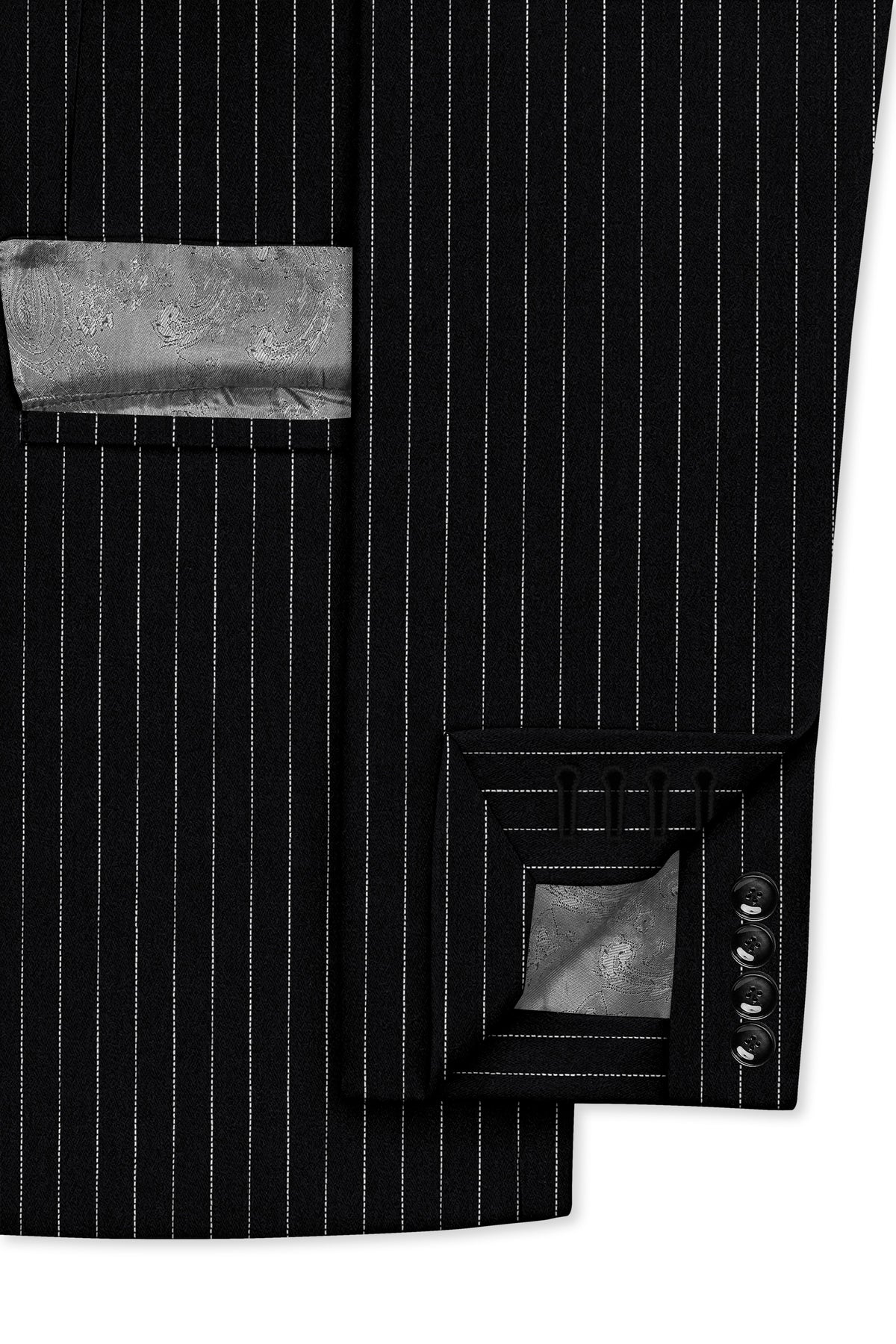 Gravitas-Jade Black And Bright White Chalk Striped Wool Rich Wrinkle-Free Fluid Drape Fabric Double Breasted Suit