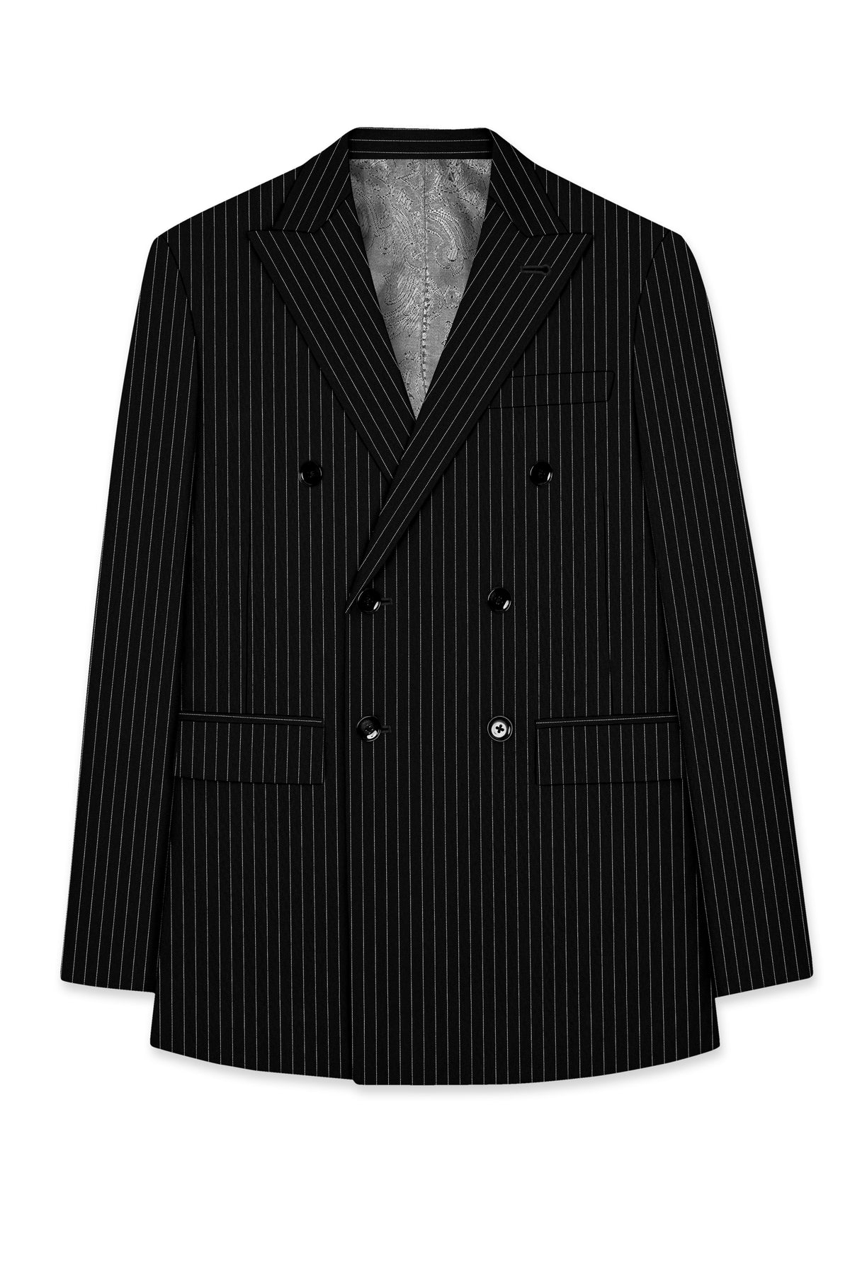 Gravitas-Jade Black And Bright White Chalk Striped Wool Rich Wrinkle-Free Fluid Drape Fabric Double Breasted Suit