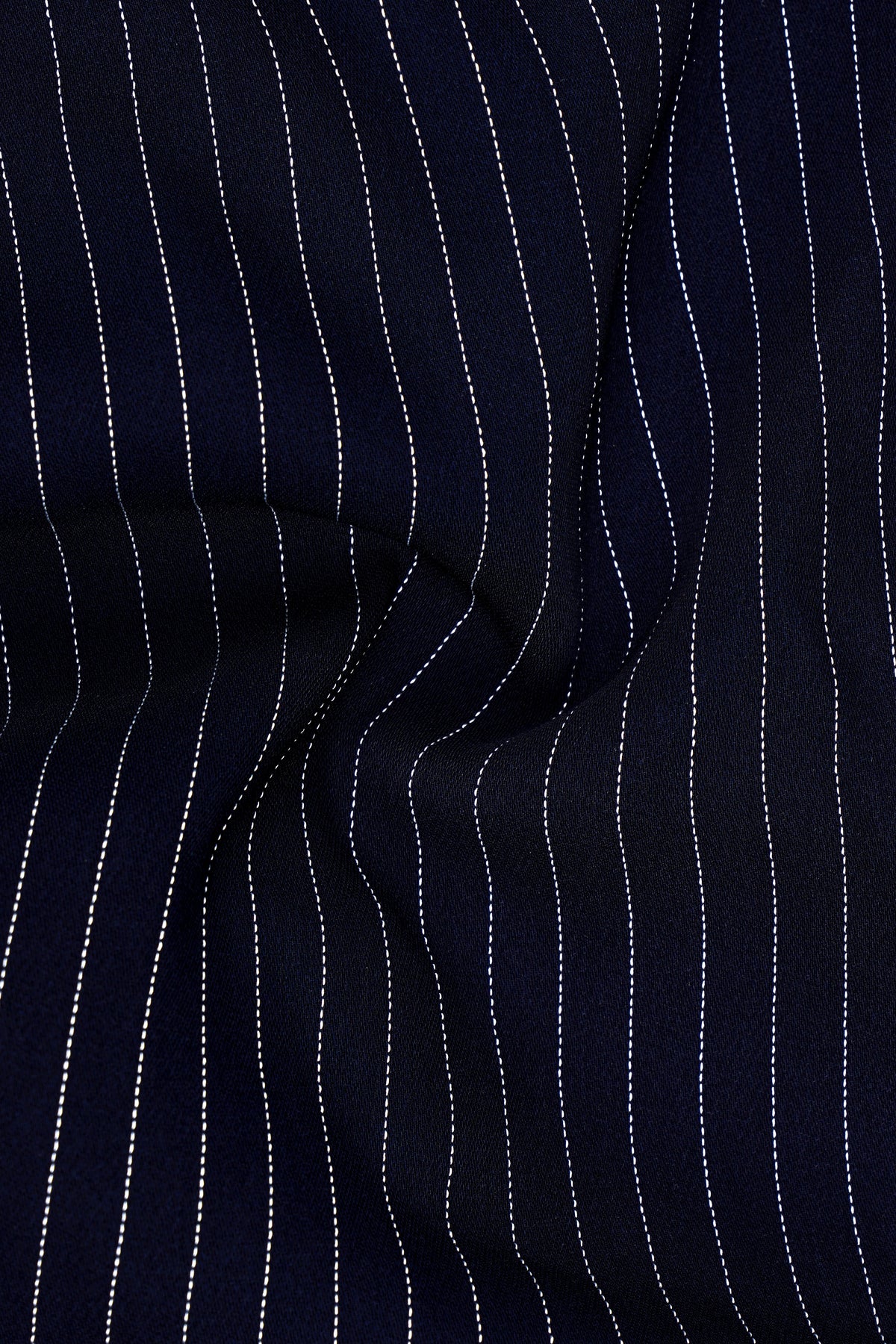 Mariner-Denim Blue And Bright White Chalk Striped Wool Rich Wrinkle-Free Fluid Drape Fabric Cross Placket Bandhgala Suit