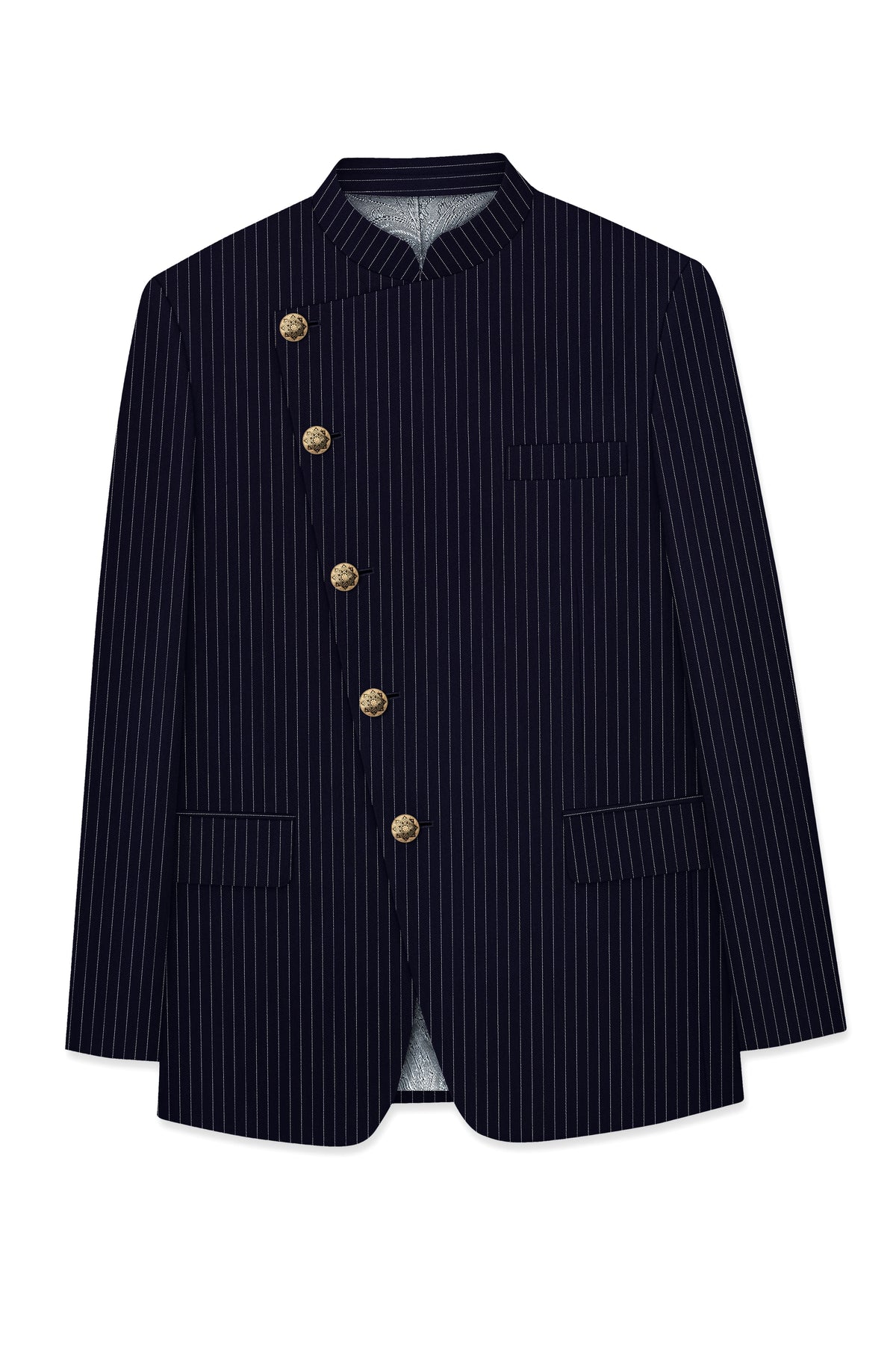 Mariner-Denim Blue And Bright White Chalk Striped Wool Rich Wrinkle-Free Fluid Drape Fabric Cross Placket Bandhgala Suit
