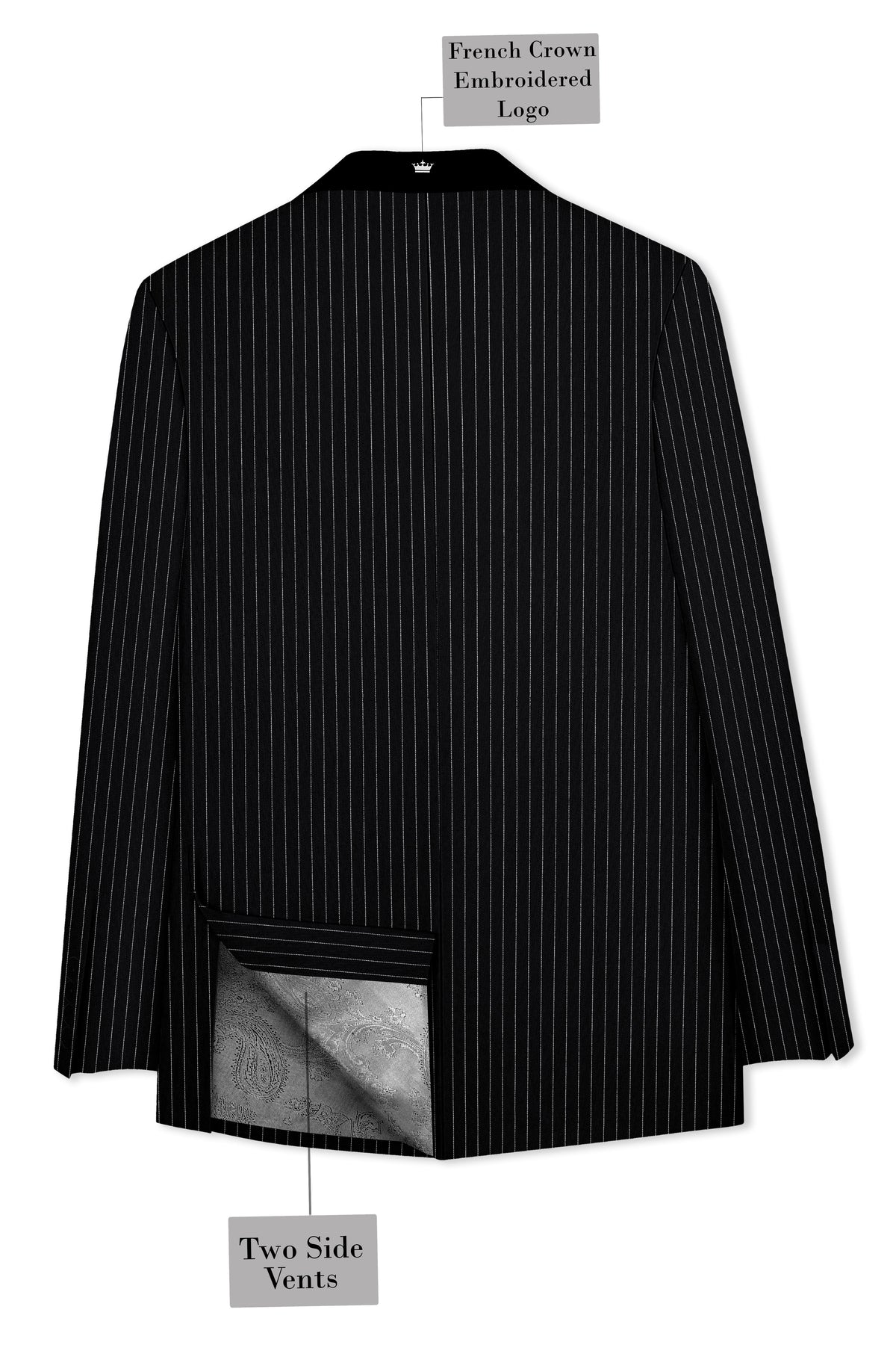 Gravitas-Jade Black And Bright White Chalk Striped Wool Rich Wrinkle-Free Fluid Drape Fabric Tuxedo Suit