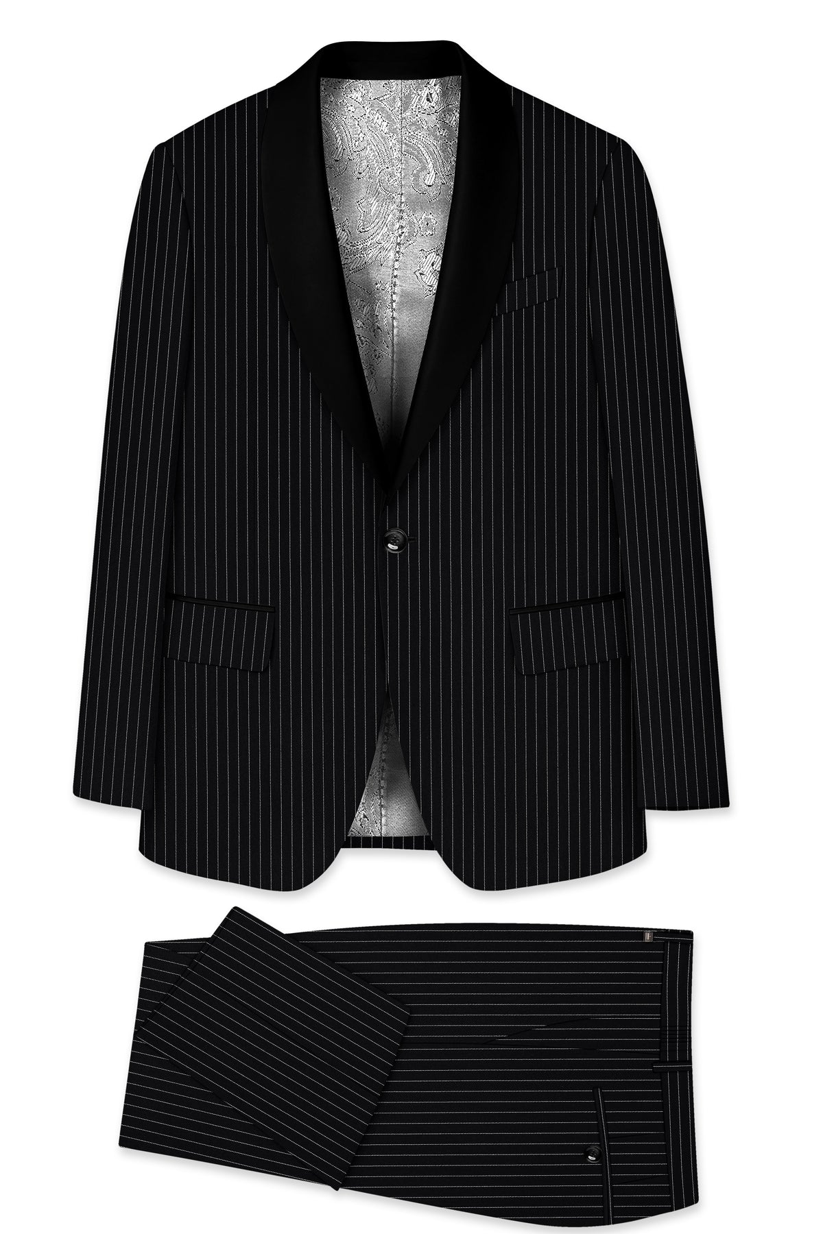 Gravitas-Jade Black And Bright White Chalk Striped Wool Rich Wrinkle-Free Fluid Drape Fabric Tuxedo Suit