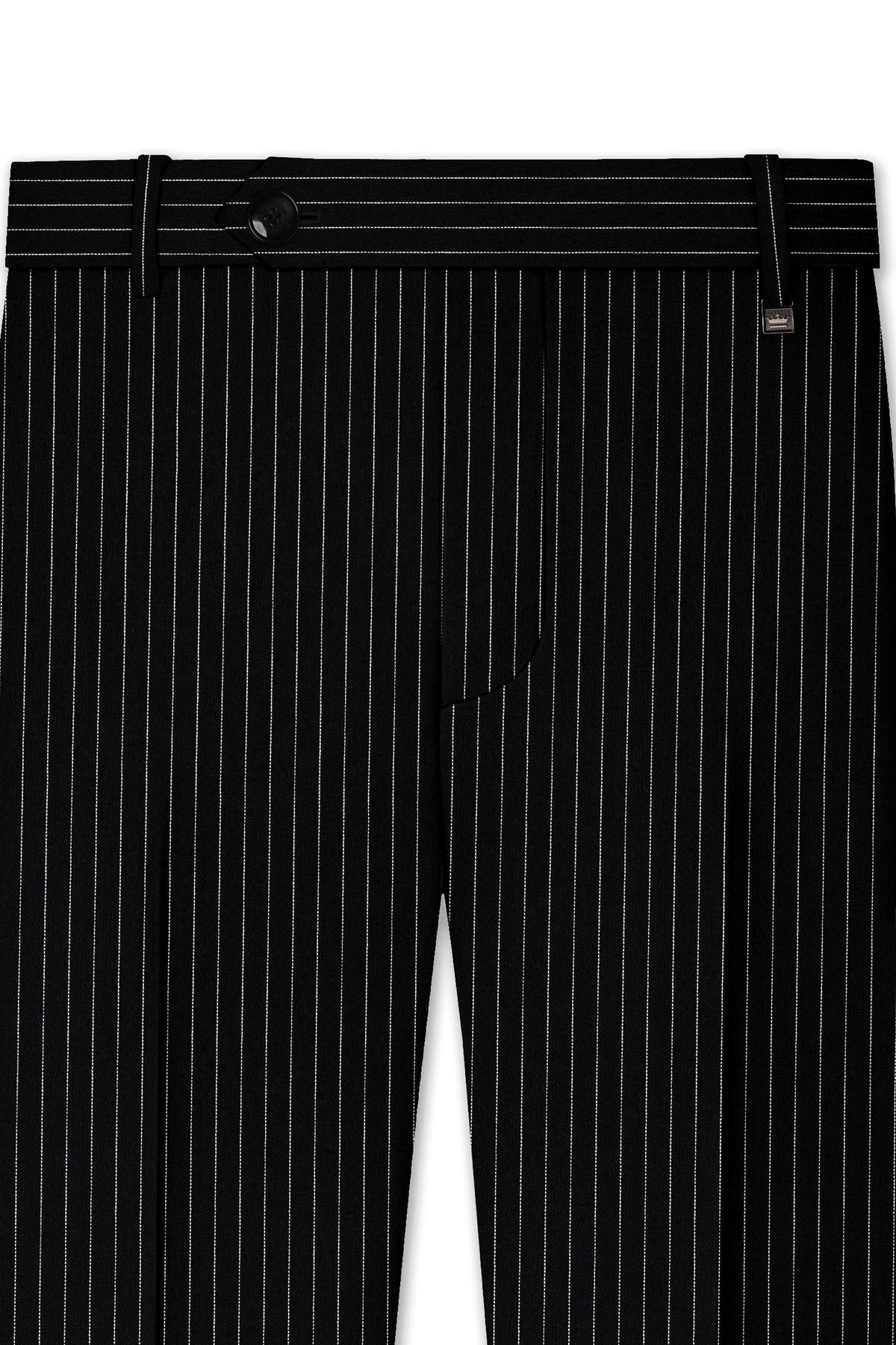 Gravitas-Jade Black And Bright White Chalk Striped Wool Rich Wrinkle-Free Fluid Drape Fabric Tuxedo Suit