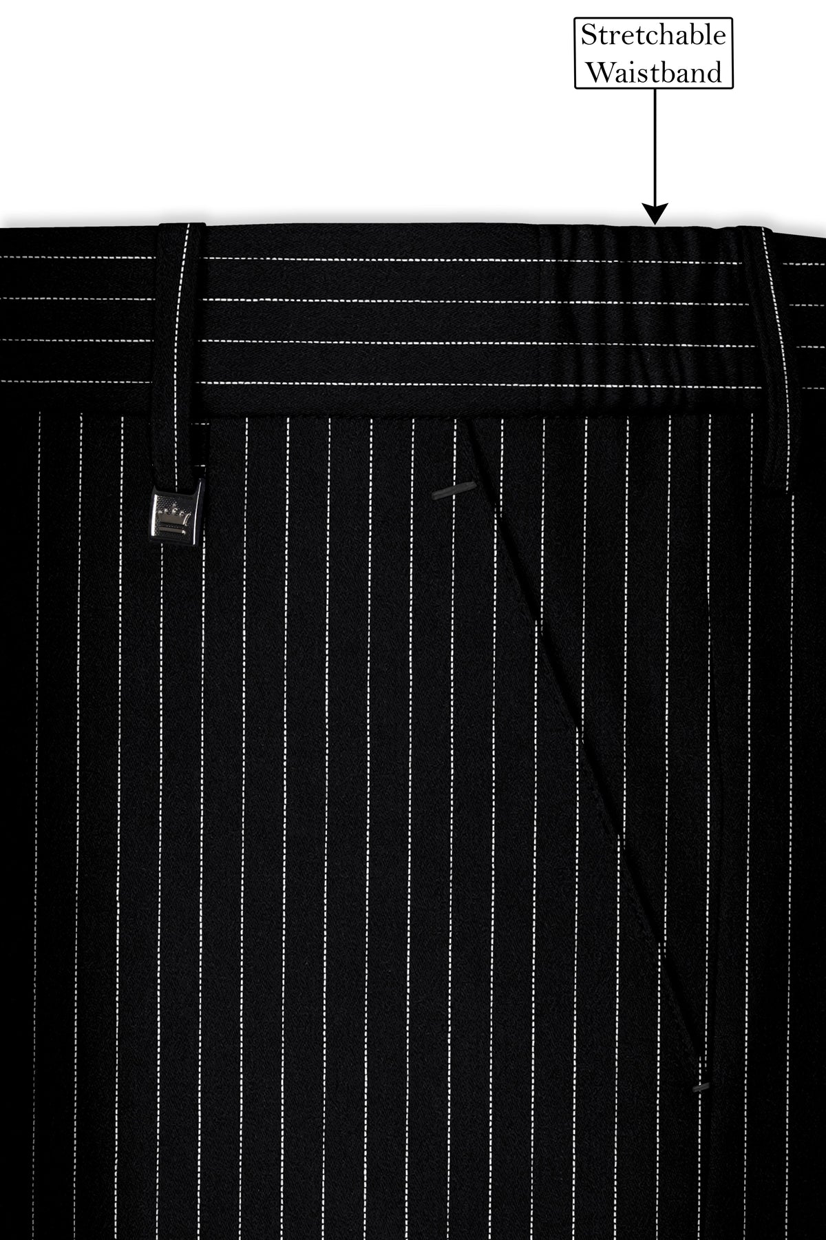 Gravitas-Jade Black And Bright White Chalk Striped Wool Rich Wrinkle-Free Fluid Drape Fabric Tuxedo Suit