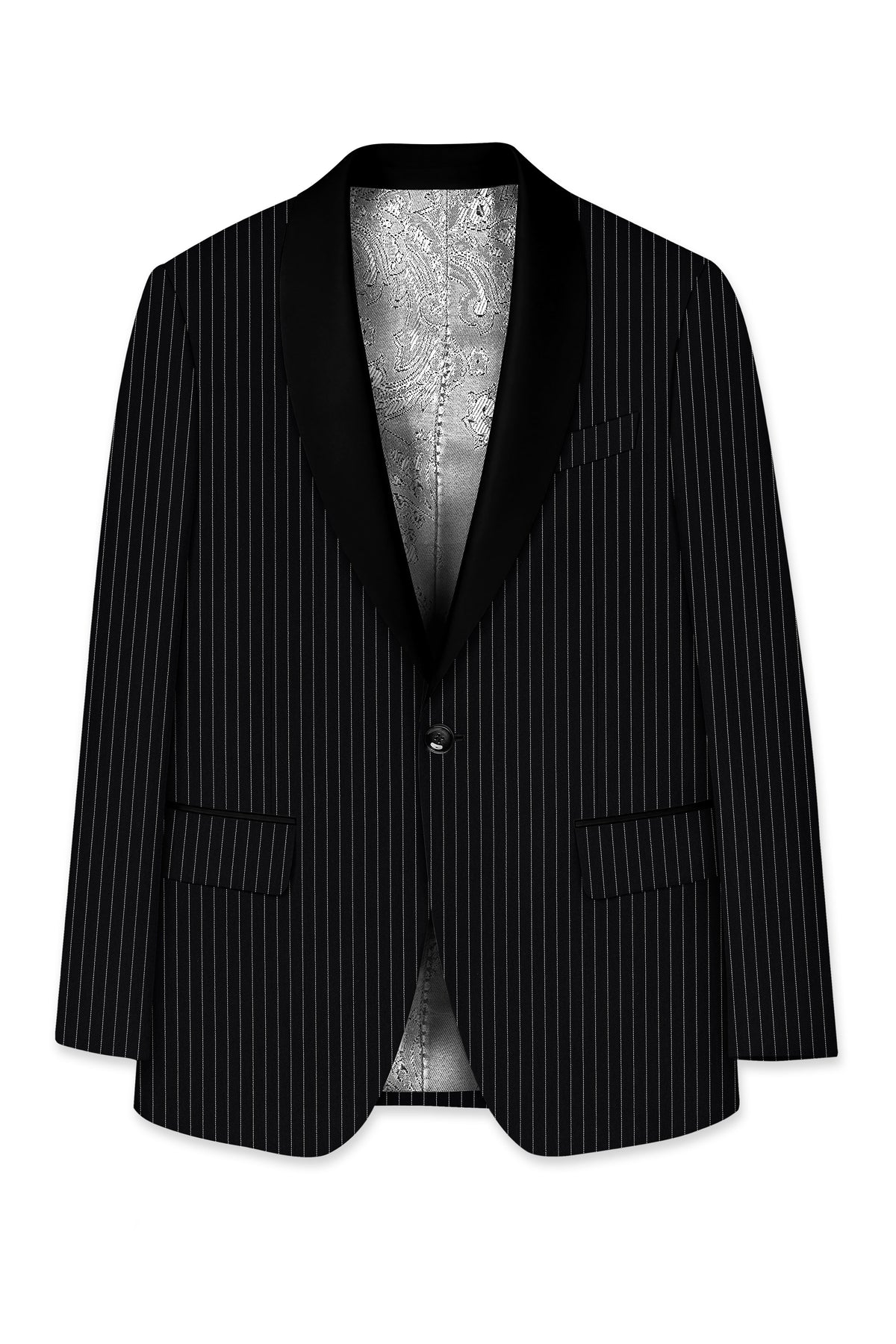 Gravitas-Jade Black And Bright White Chalk Striped Wool Rich Wrinkle-Free Fluid Drape Fabric Tuxedo Suit