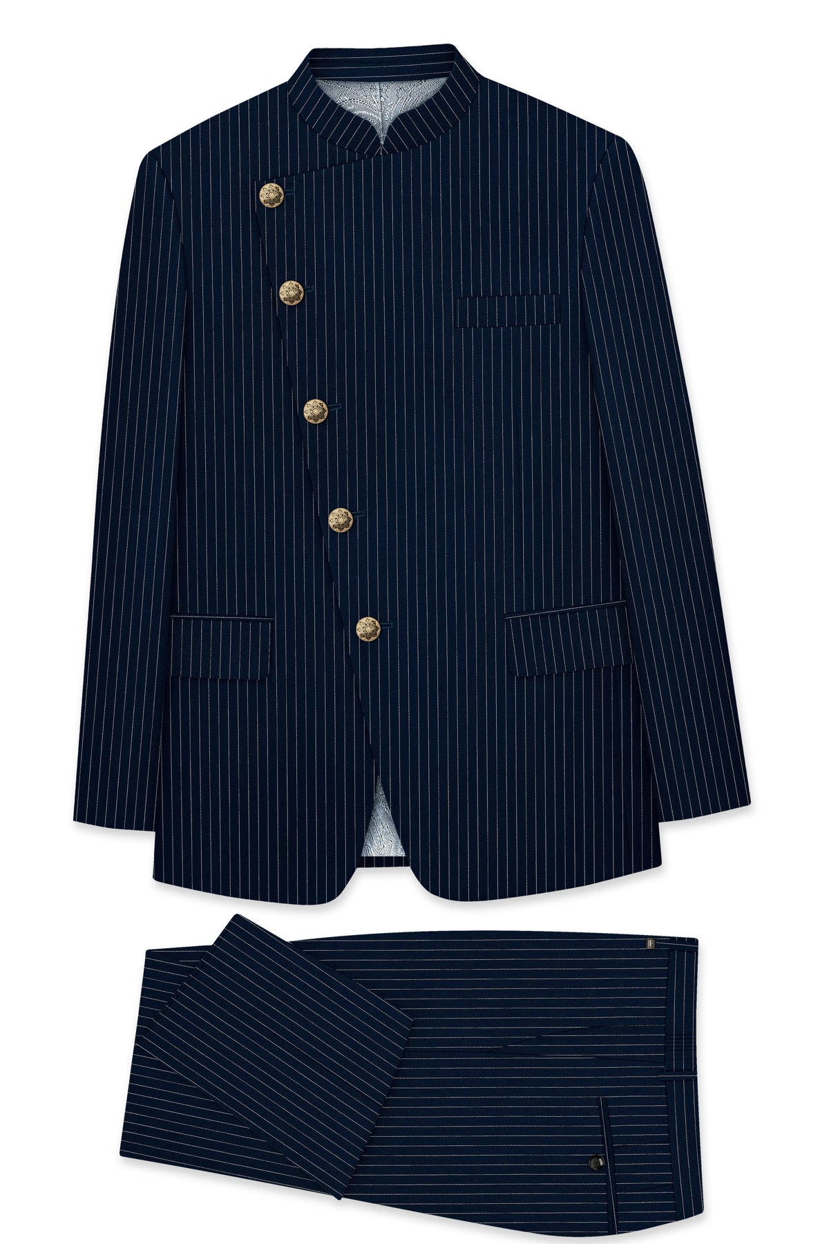 Zenith-Imperial Teal Green And Bright White Chalk Striped Wool Rich Wrinkle-Free Fluid Drape Fabric Cross Placket Bandhgala Suit