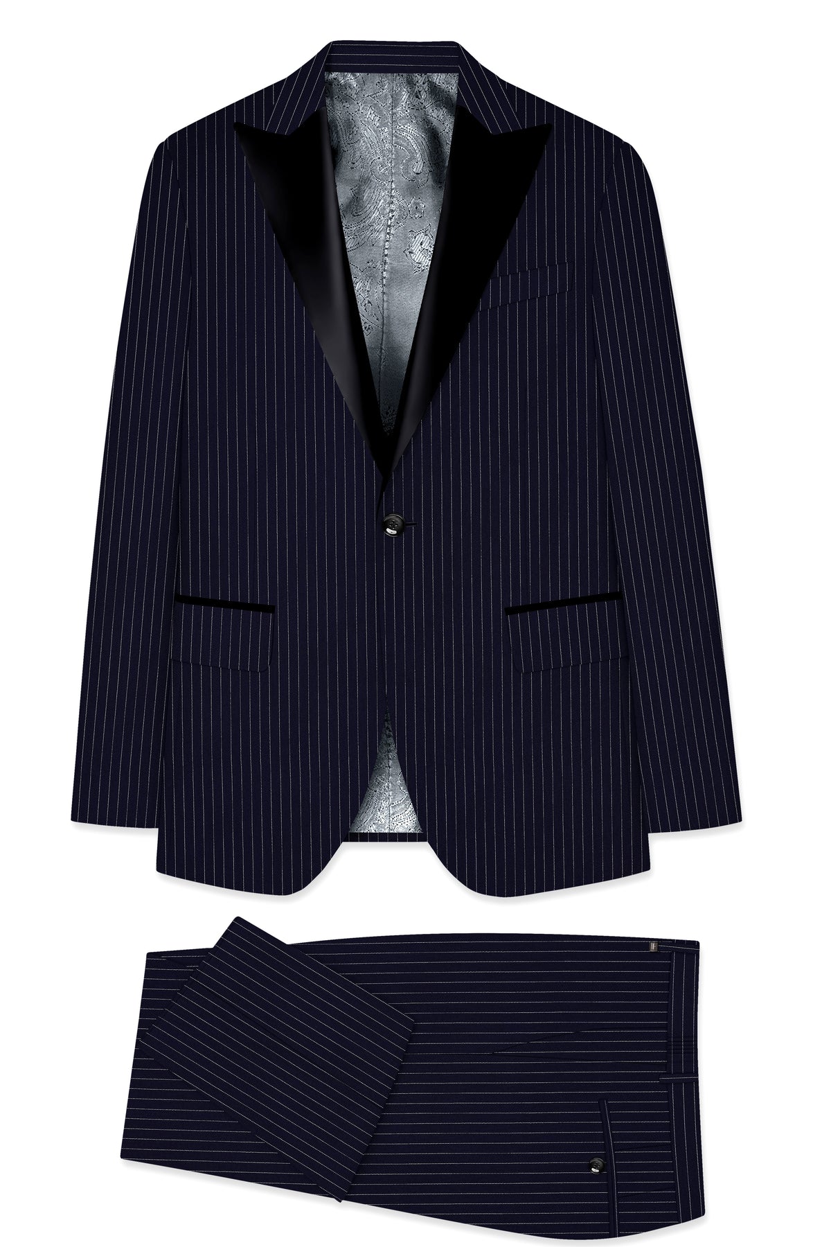 Mariner-Denim Blue And Bright White Chalk Striped Wool Rich Wrinkle-Free Fluid Drape Fabric Peak Lapel Tuxedo Suit