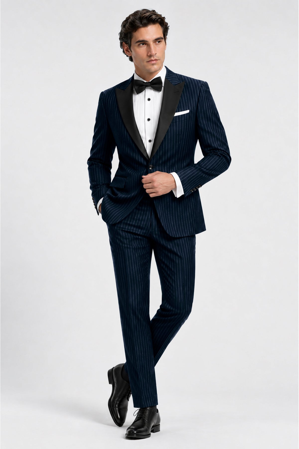 Zenith-Imperial Teal Green And Bright White Chalk Striped Wool Rich Wrinkle-Free Fluid Drape Fabric Peak Lapel Tuxedo Suit