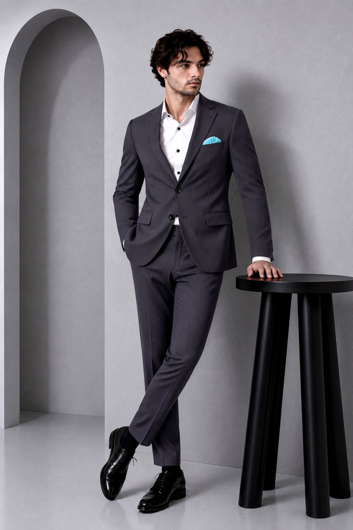 Aurelio-Charade Gray Diamond Textured Wool Rich Slight Stretch Single Breasted Suit