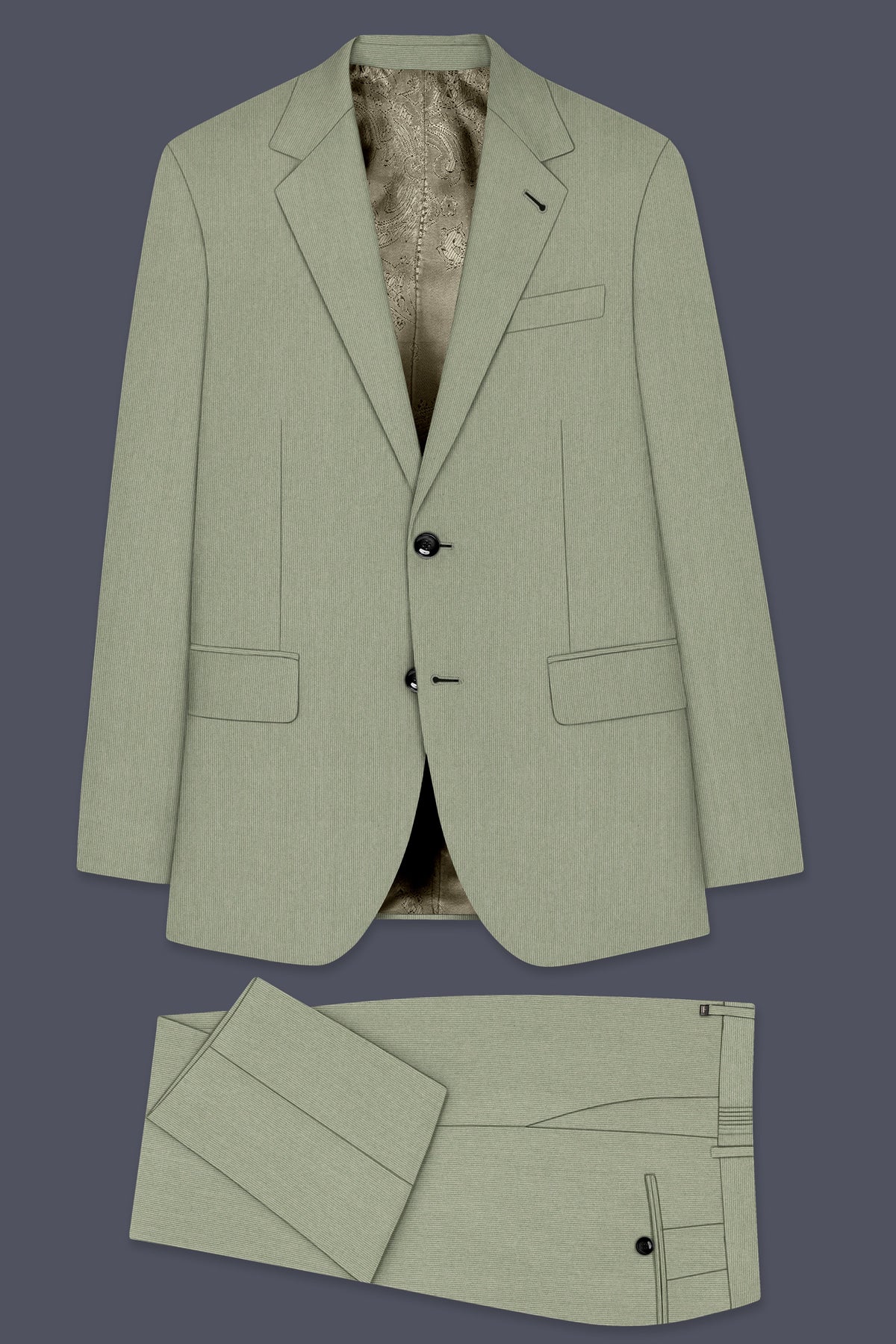 Elysian-Sage Green Diamond Textured Wool Rich Slight Stretch Single Breasted Suit