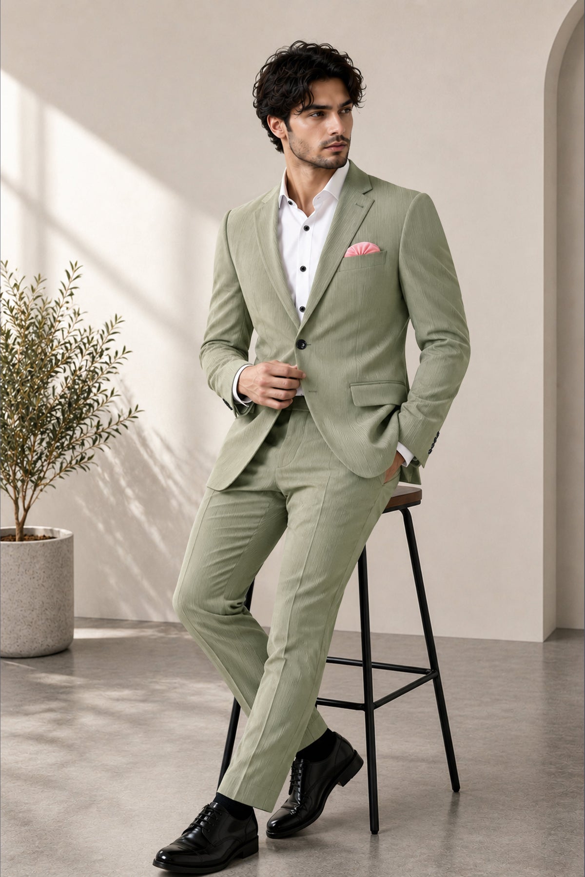 Elysian-Sage Green Diamond Textured Wool Rich Slight Stretch Single Breasted Suit