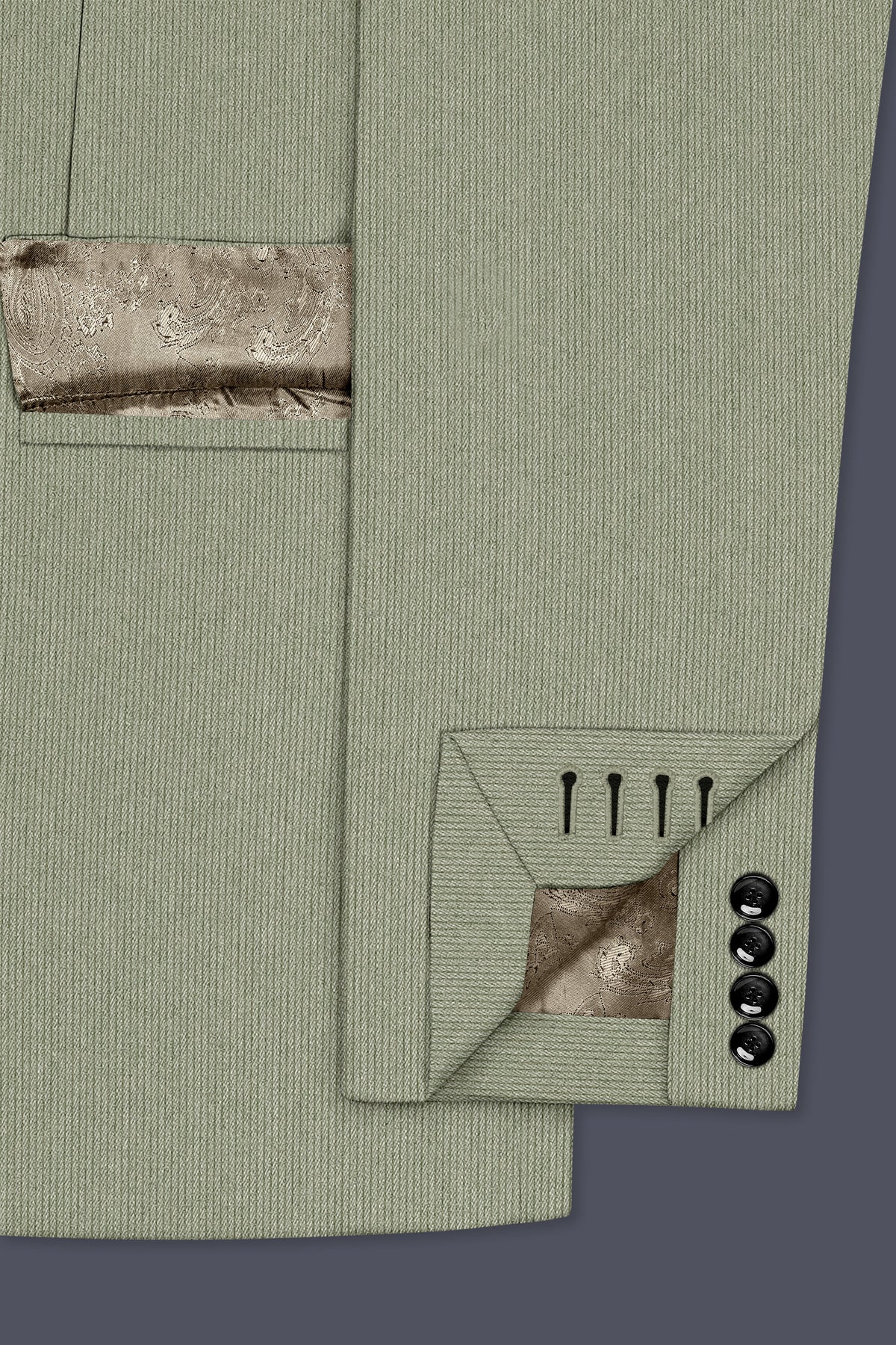 Elysian-Sage Green Diamond Textured Wool Rich Slight Stretch Single Breasted Suit
